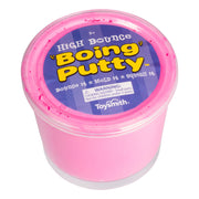The Toysmith Hi-Bounce Boing Putty comes in a clear container with a bright pink lid and holds pink putty for bouncing, molding, and squishing. Perfect for sensory play and stress relief. Not for children under 3.