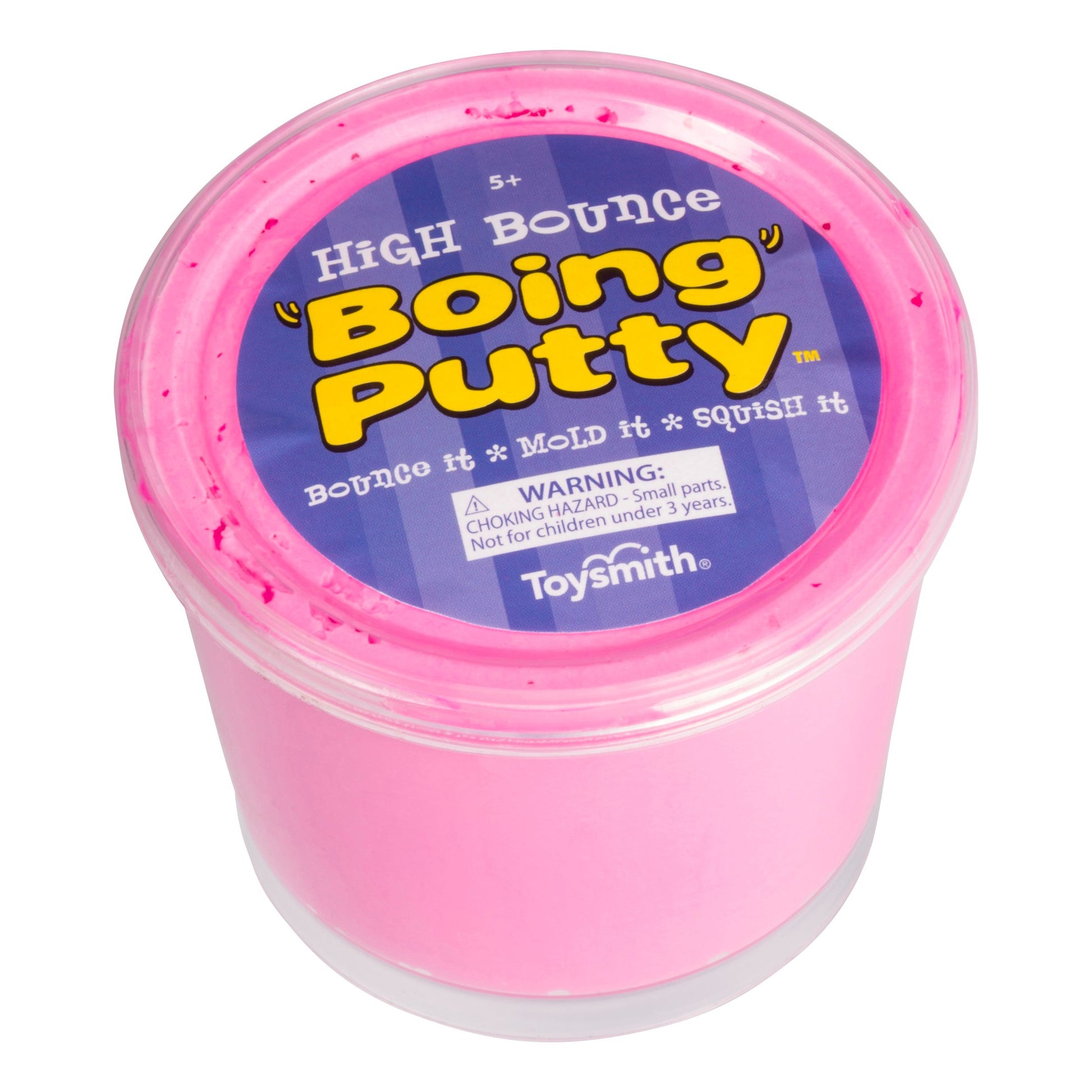 The Toysmith Hi-Bounce Boing Putty comes in a clear container with a bright pink lid and holds pink putty for bouncing, molding, and squishing. Perfect for sensory play and stress relief. Not for children under 3.