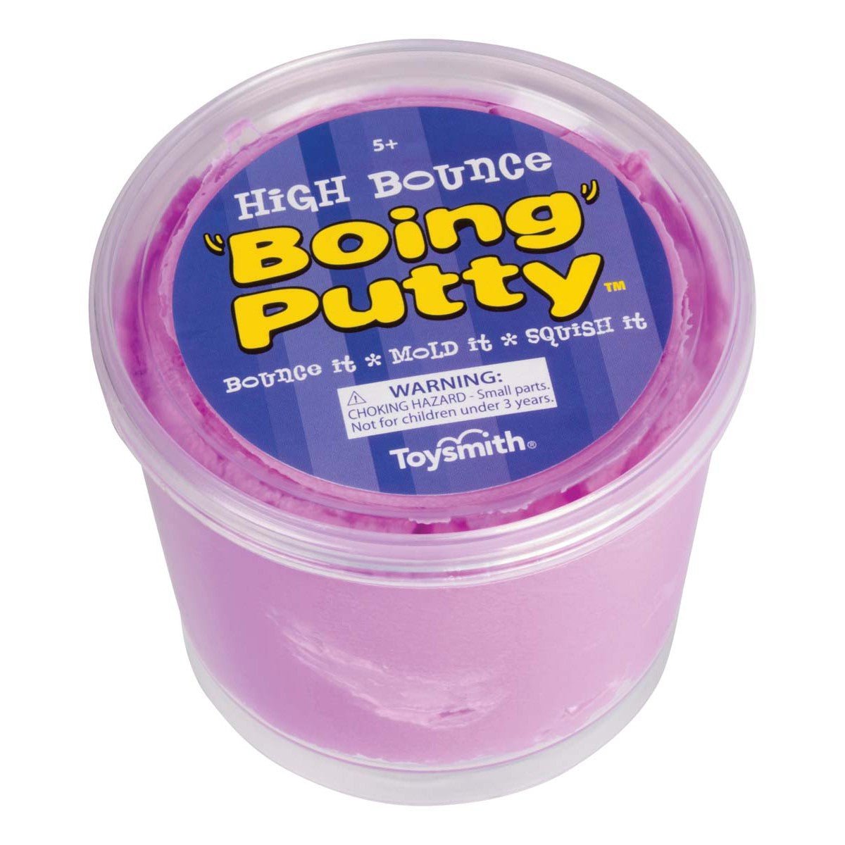 A clear plastic container of Toysmith Hi-Bounce Boing Putty in purple. The lid includes bounce, mold, and squish instructions plus a small parts choking hazard warning. Great for sensory play and stress relief.