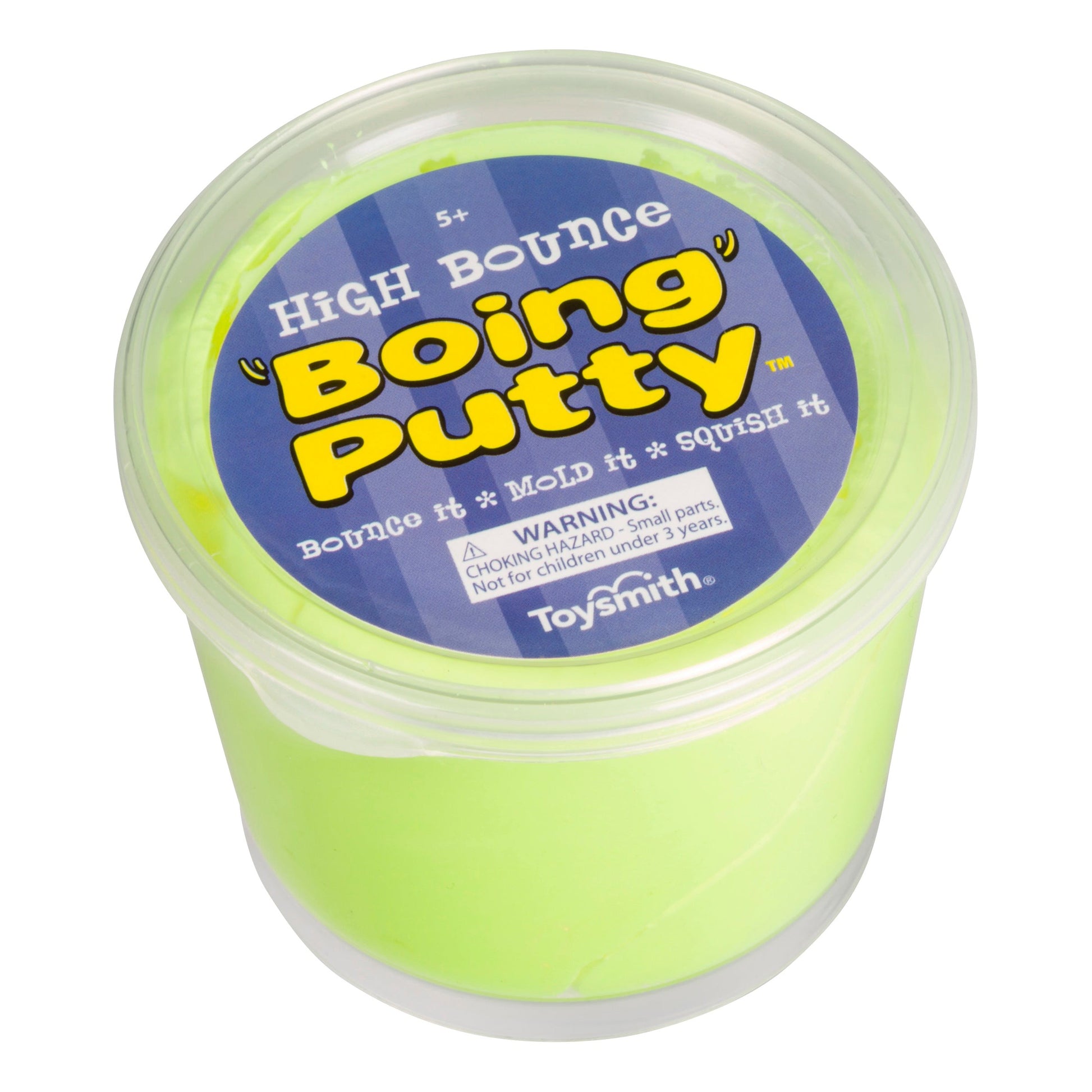 The Toysmith Hi-Bounce Boing Putty comes in a clear plastic tub with bright yellow-green putty for sensory play and stress relief. The lid displays playful text, the Toysmith logo, and a choking hazard warning for young children.