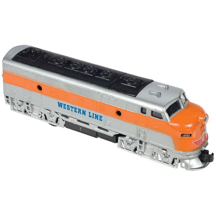 The Toysmith Classic Diesel Train by Toysmith features "WESTERN LINE" on the side, an orange, silver, and black design, detailed wheels, and number 1895 on the front—ideal for playful vehicle adventures.