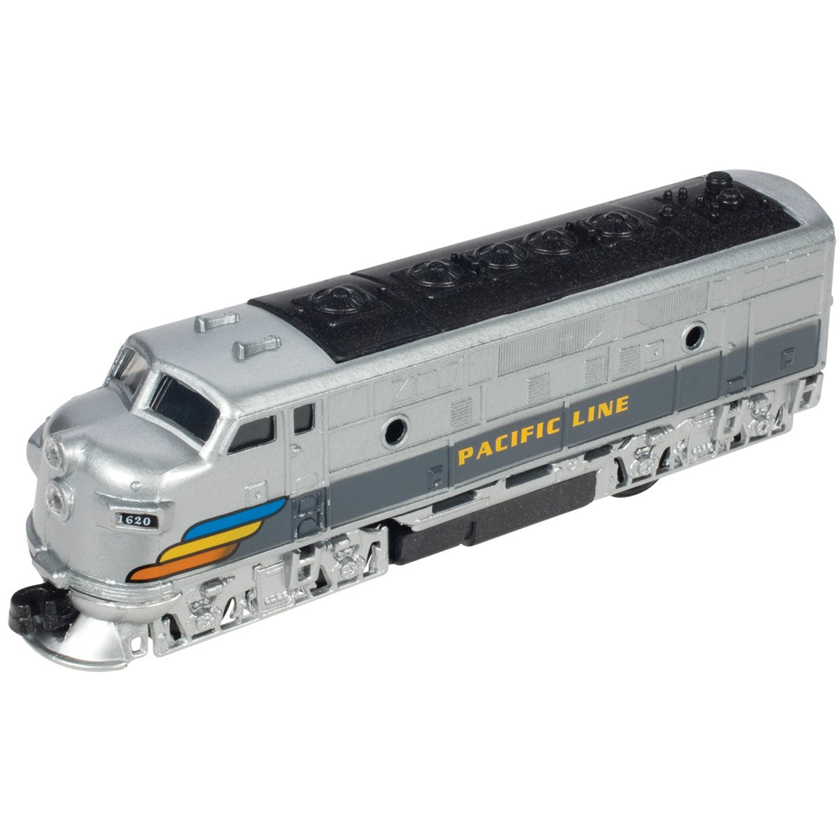 The Toysmith Classic Diesel Train, by Toysmith, features a silver and gray locomotive with "Pacific Line" in yellow, colorful stripes at the front, intricate wheels, and a sleek black top for detailed vehicle play.