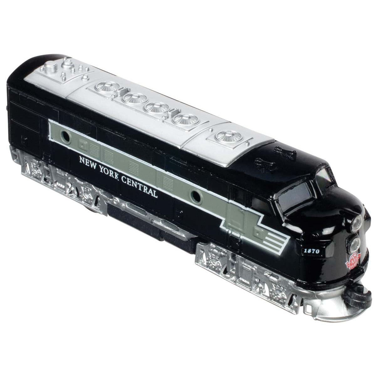 The Toysmith Classic Diesel Train by Toysmith features a black and silver locomotive with "New York Central" on the side and 2370 on the front, making it ideal for vehicle play.