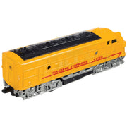 The Toysmith Classic Diesel Train by Toysmith, in yellow and black with red stripes and silver wheels marked PACIFIC EXPRESS 1730, is shown from a rear side view on a white background—ideal for vehicle play fans.