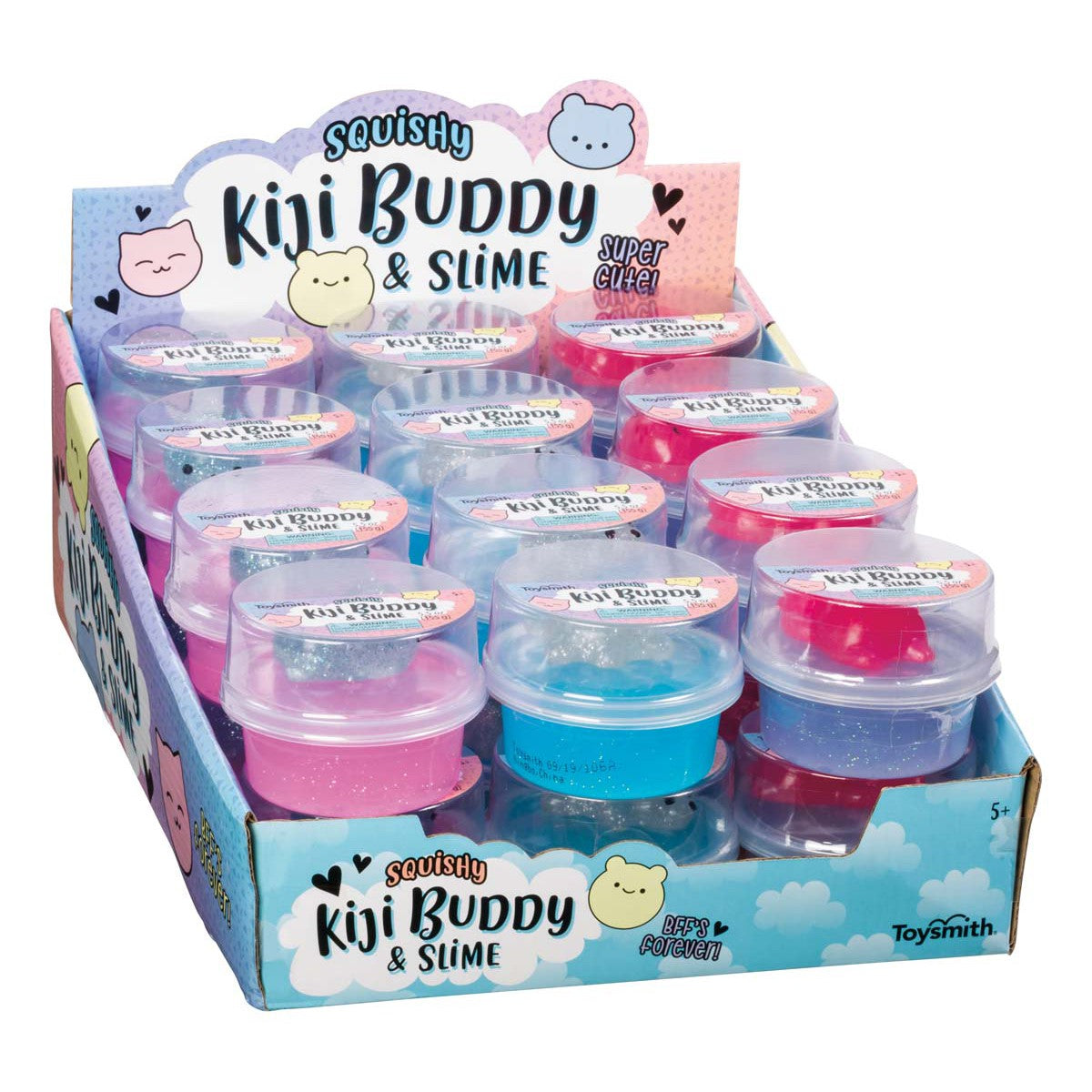 The Toysmith Squishy Kiji Buddy & Slime display box features pastel pink, blue, and purple containers with cute cartoon faces for a fun sensory play experience. Brand: Toysmith.