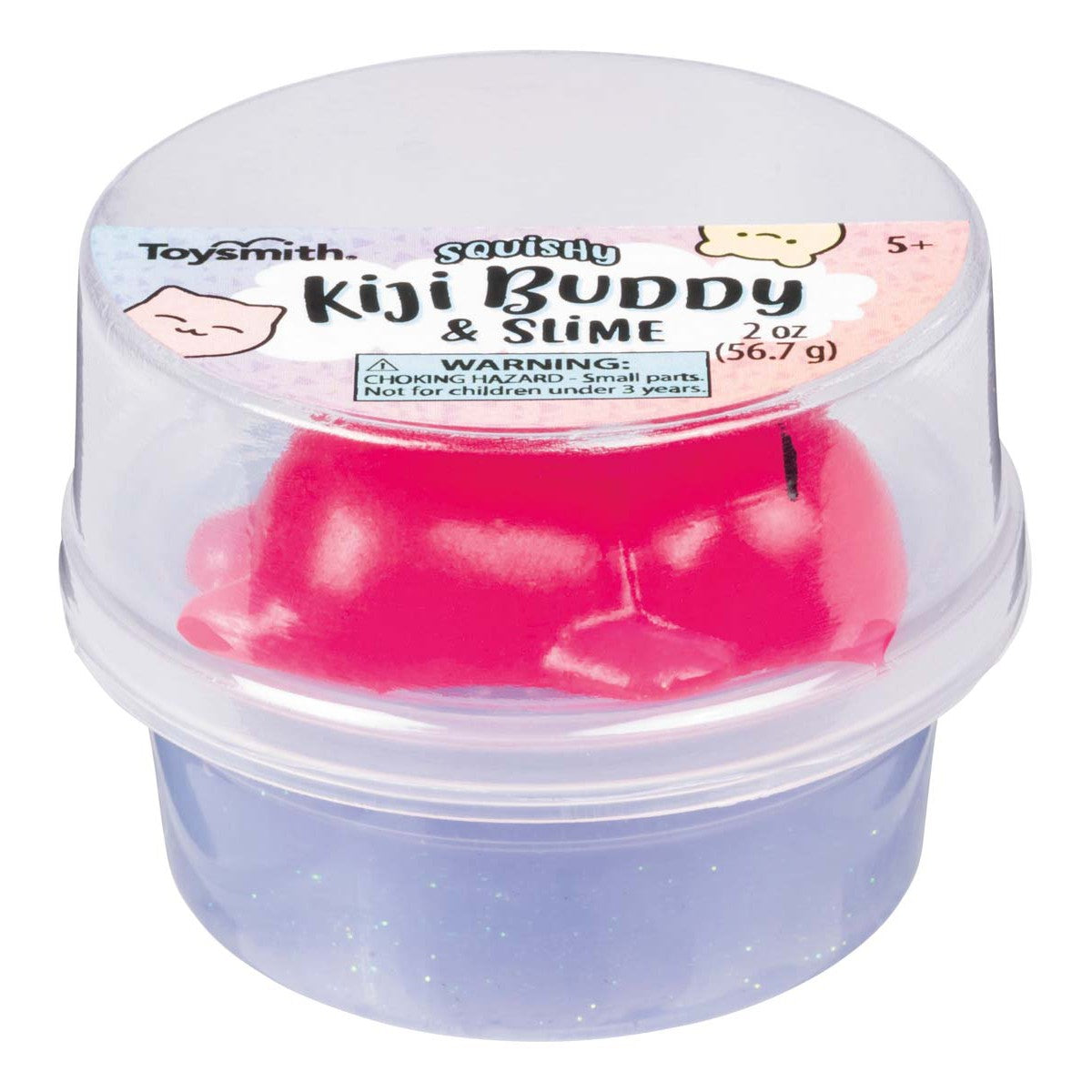 A clear plastic container holds a pink animal-shaped squishy toy and purple glitter slime for sensory fun. The label shows Toysmith Squishy Kiji Buddy & Slime, 2 oz (56.7 g), from Toysmith, with warnings and age recommendations.