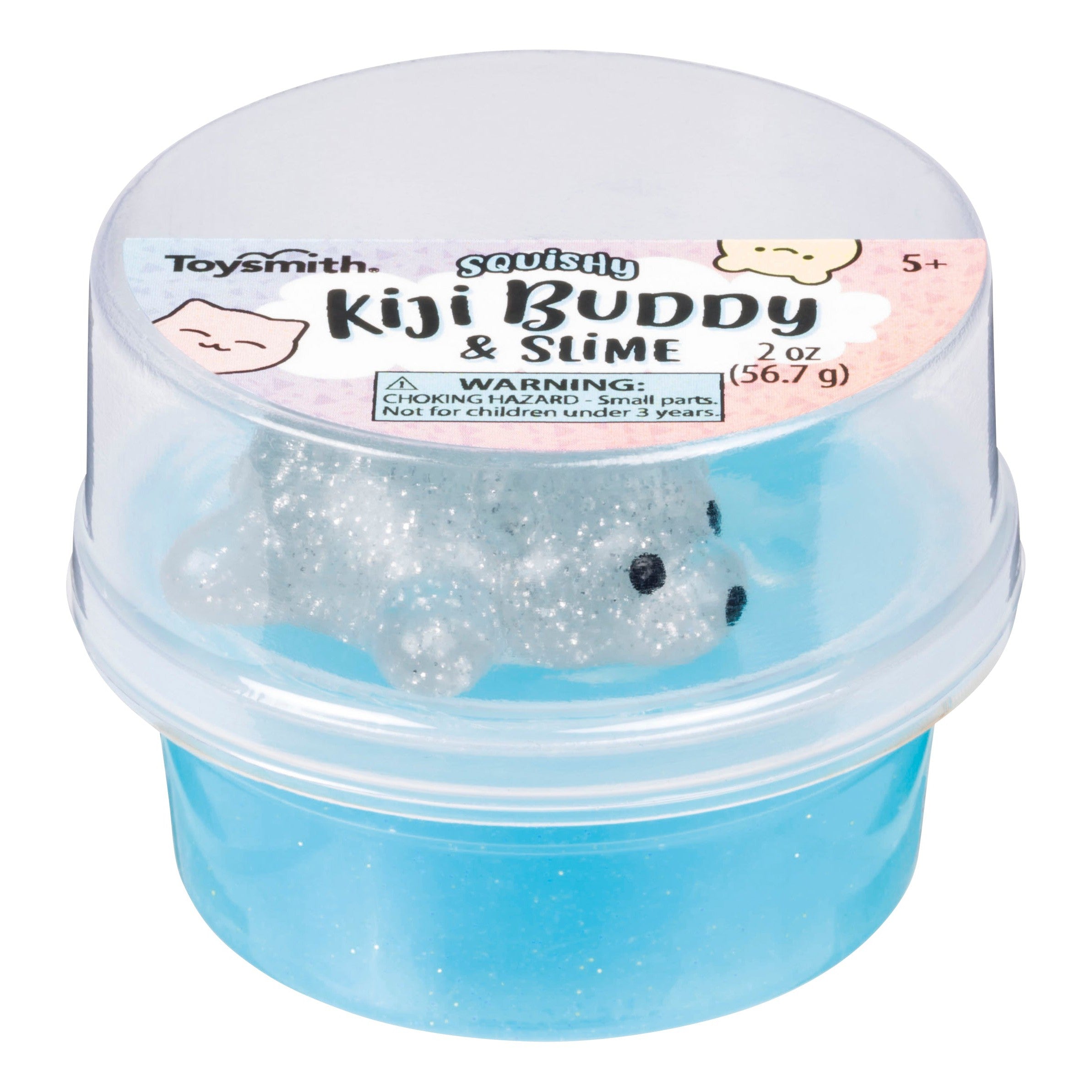 The Toysmith Squishy Kiji Buddy & Slime by Toysmith features a clear container with blue glitter slime and a squishy seal toy on top, providing sensory fun. Packaging displays age recommendations and safety warnings.