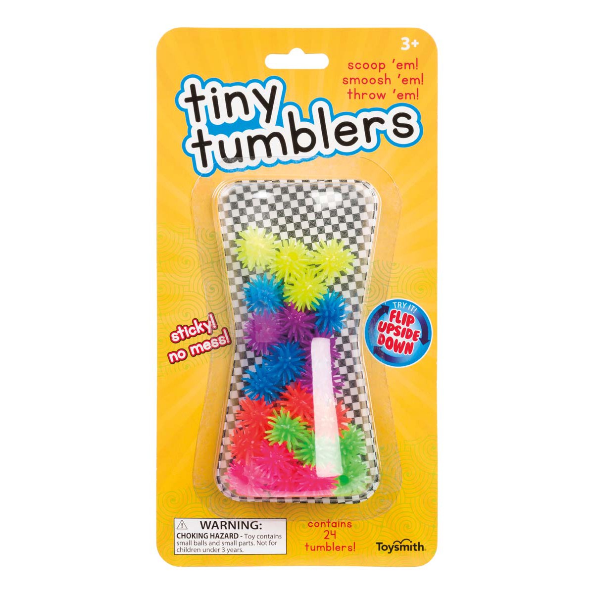 Toysmith Tiny Tumblers are colorful silicone squish balls for ages 3+, sold in a 24-pack. These sensory toys are mess-free, sticky, and come with a choking hazard warning.