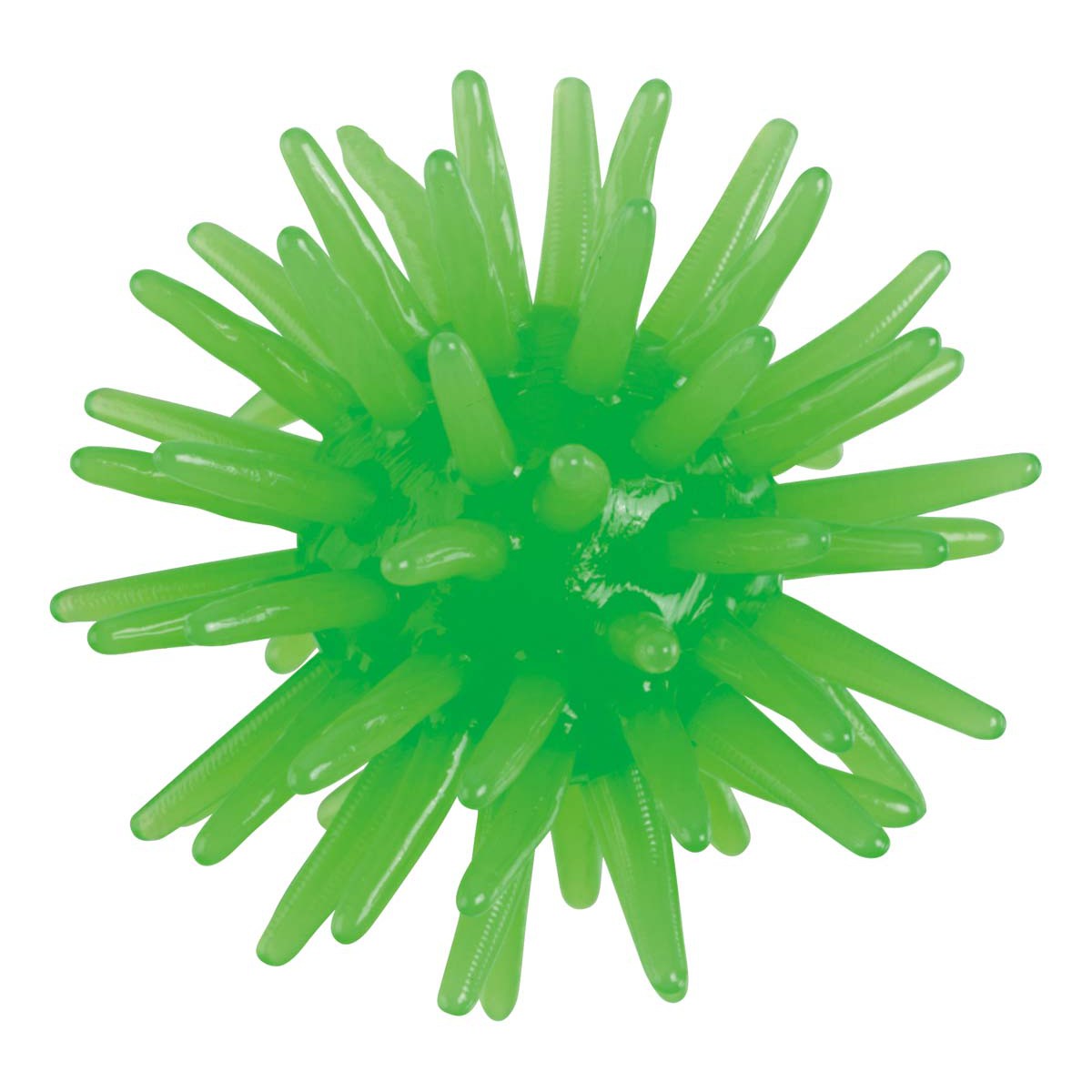 The Tiny Tumblers by Toysmith is a green, spiky rubber ball with soft, flexible spikes for tactile sensory play—perfect for kids. Shown on a white background.