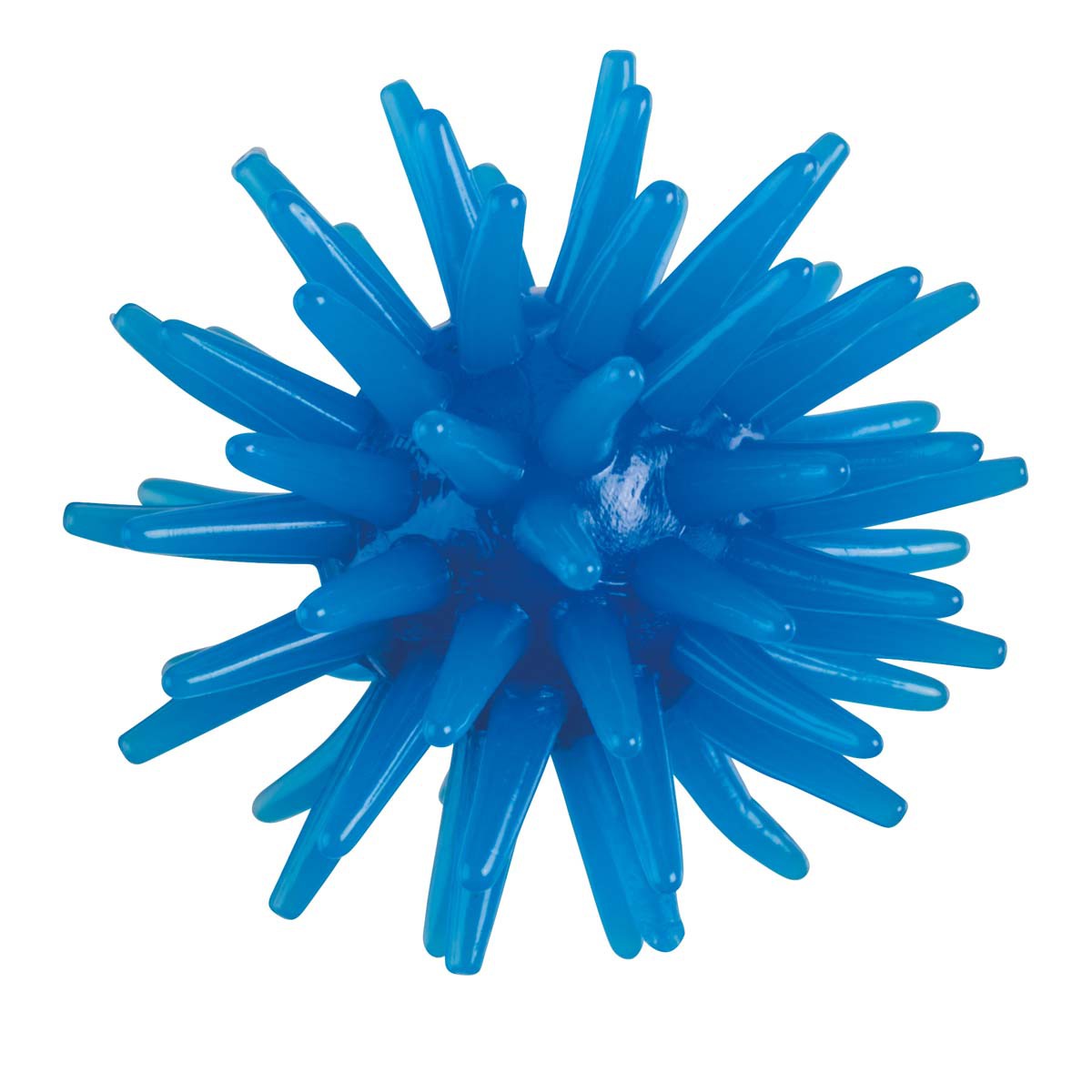 A bright blue Toysmith Tiny Tumblers spiky massage ball with soft, rounded spikes is shown on a white background—a fun silicone sensory squish ball for stress relief and tactile play.