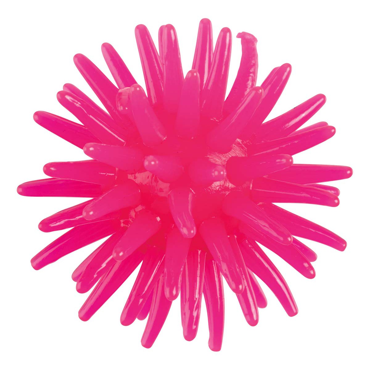 A bright pink, round spiky ball with soft, flexible spikes radiating outward in all directions, the Tiny Tumblers sensory toy by Toysmith is shown against a white background.