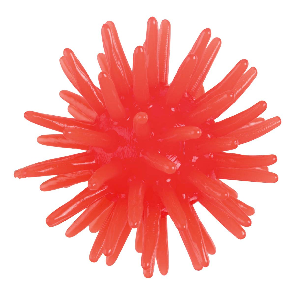 A vivid red spiky sensory ball from Toysmith's Tiny Tumblers collection, featuring many soft flexible spikes all around. Perfect for sensory play or fans of Tiny Tumblers. Set against a white background.