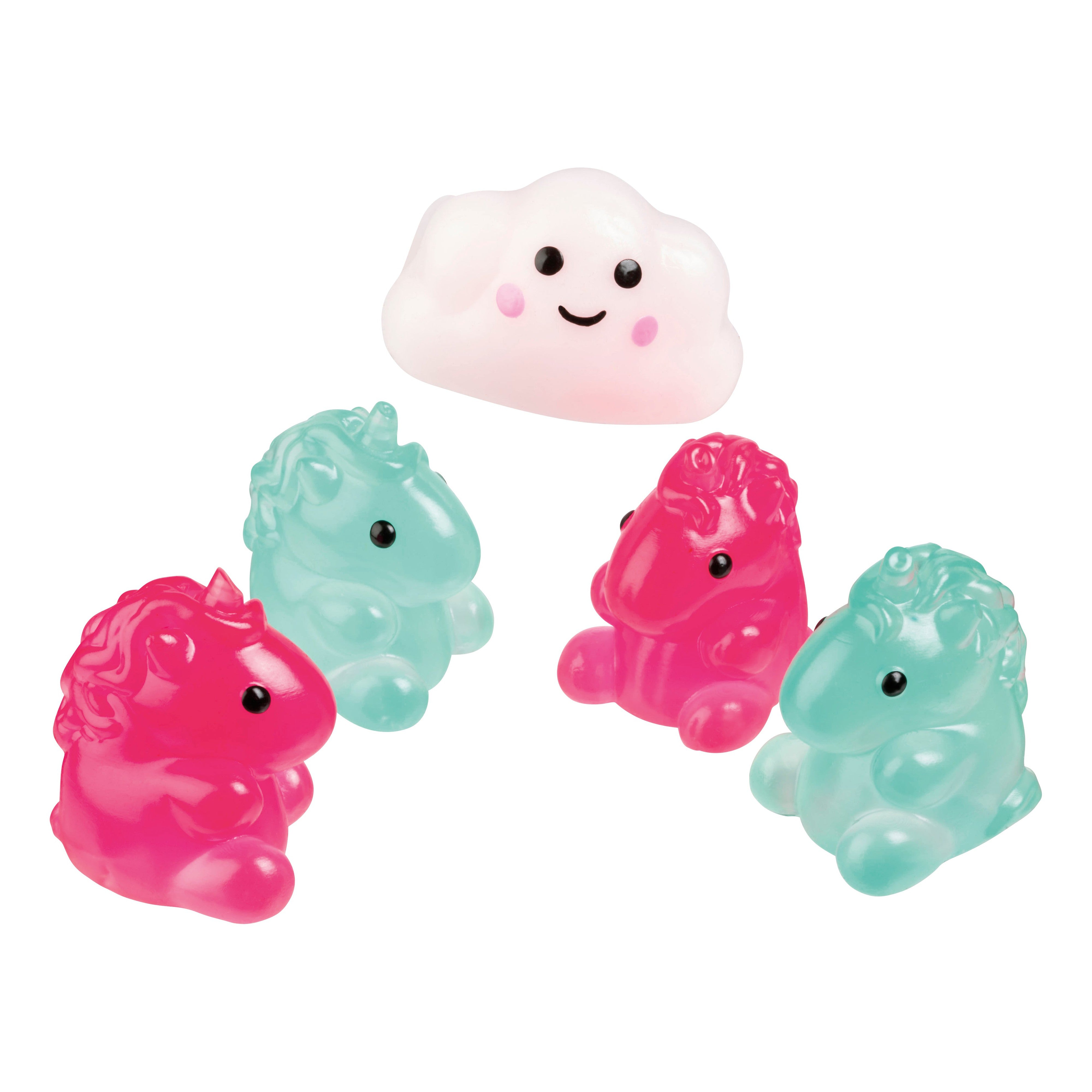 Four Toysmith Kiji Buddies Unicorns by Toysmith—two pink and two light blue—sit in a semicircle around a smiling white cloud with pink cheeks. Their cartoonish design makes them perfect sensory toys.