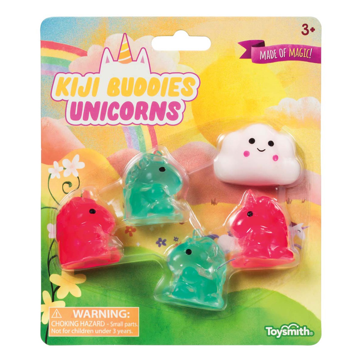 The Toysmith Kiji Buddies Unicorns set includes two pink unicorns, two teal unicorn squish toys, and a smiling white cloud with a whimsical backdrop; ideal sensory toy for ages 3+.