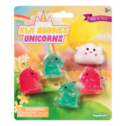 The Toysmith Kiji Buddies Unicorns set includes two pink unicorns, two teal unicorn squish toys, and a smiling white cloud with a whimsical backdrop; ideal sensory toy for ages 3+.
