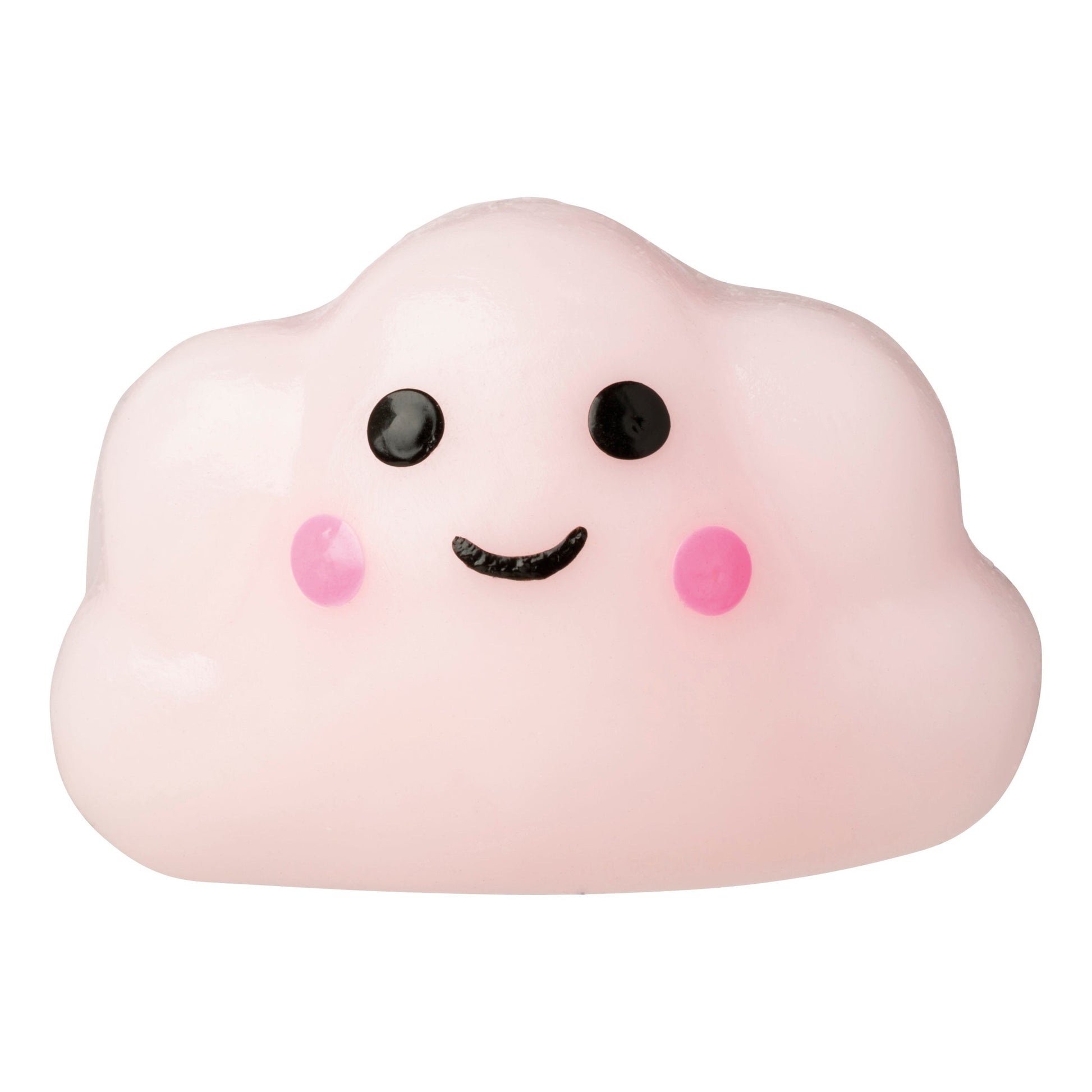 A soft, pastel pink cloud-shaped sensory toy with a smiling face and pink cheeks from the Toysmith Kiji Buddies Unicorns collection is featured on a white background—a delightful addition by Toysmith.