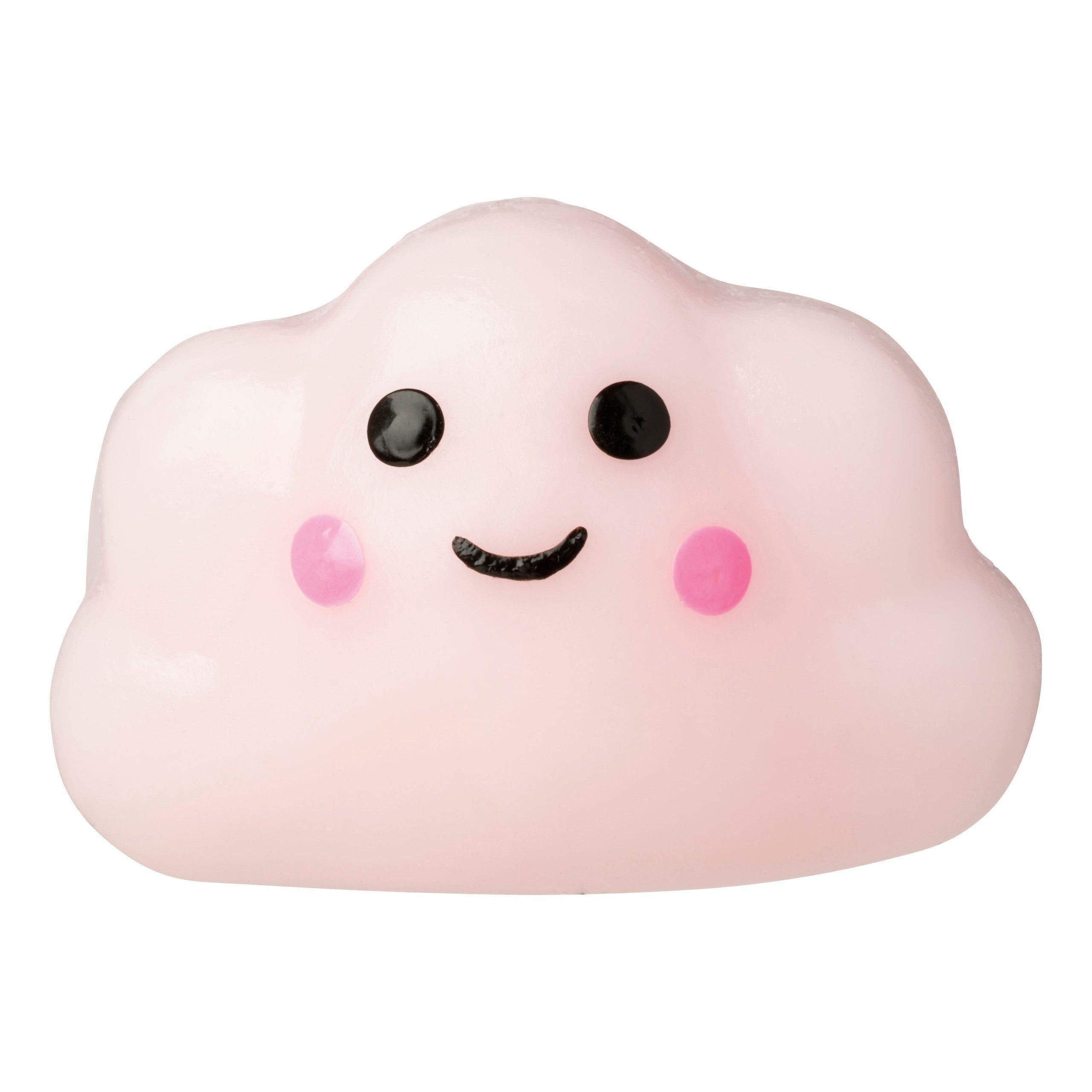 A soft, pastel pink cloud-shaped sensory toy with a smiling face and pink cheeks from the Toysmith Kiji Buddies Unicorns collection is featured on a white background—a delightful addition by Toysmith.