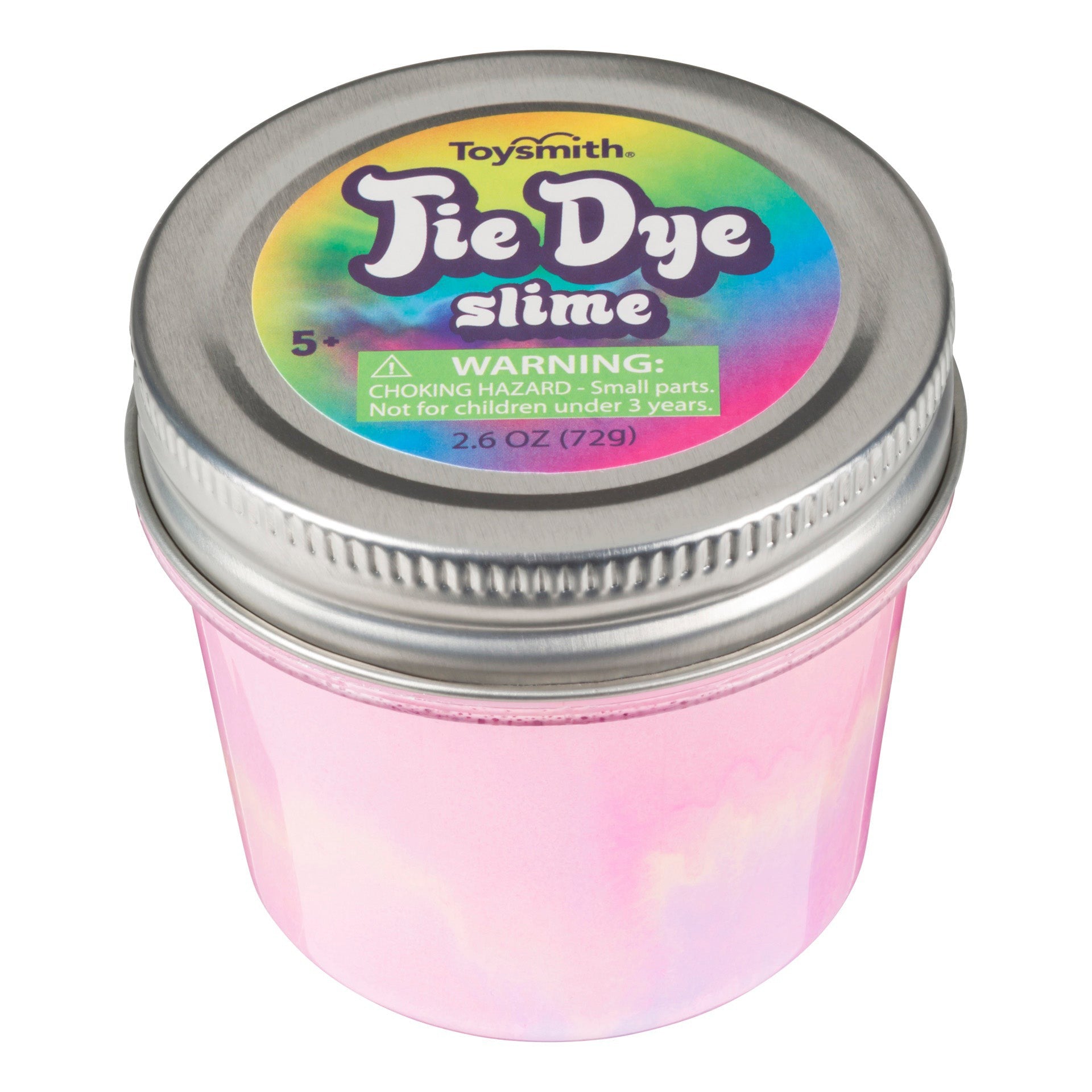 A small Toysmith Tie Dye Slime jar with a metal lid rests on a white background. The colorful slime inside provides a vibrant sensory experience. A visible label warns of choking hazards. Brand: Toysmith.