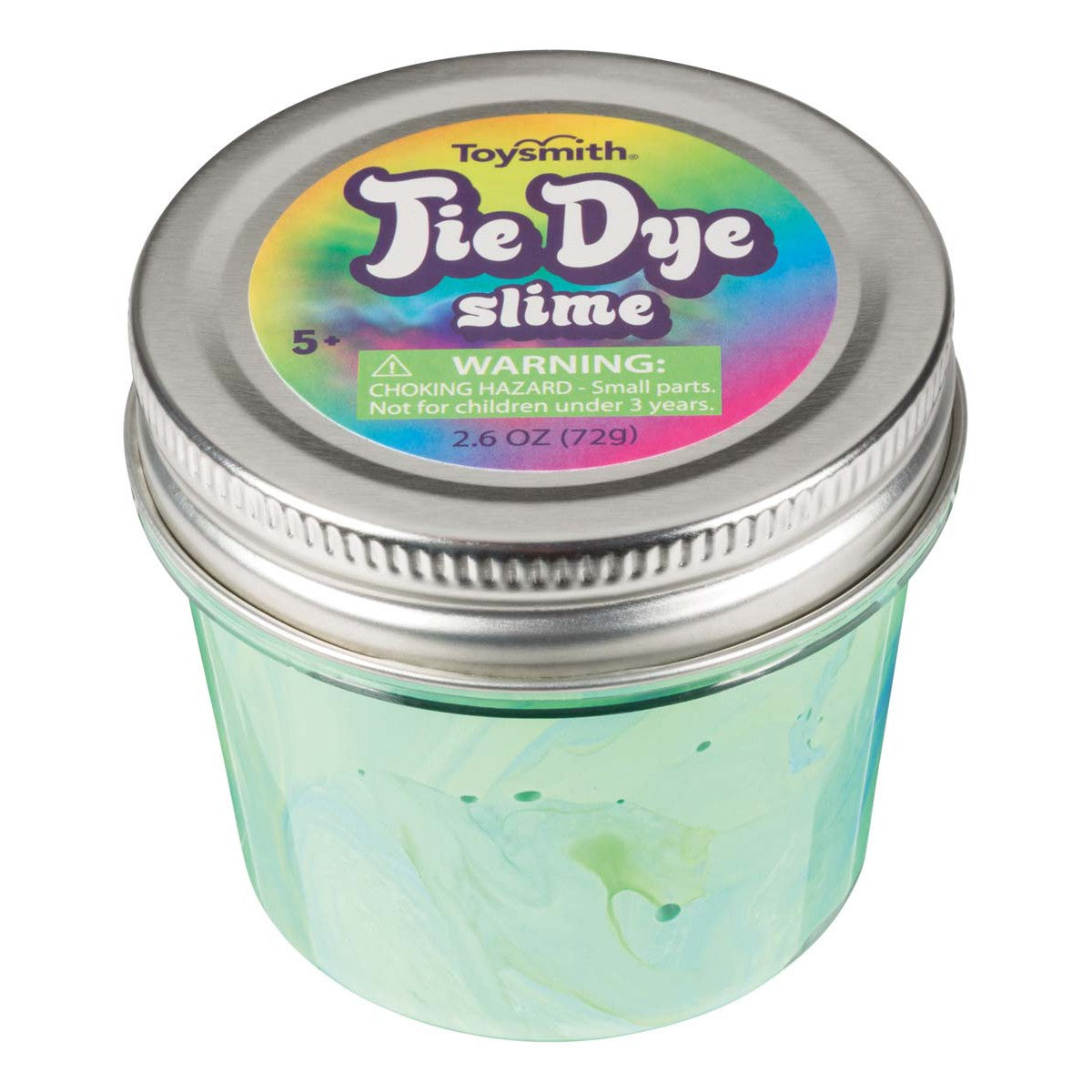 The Toysmith Tie Dye Slime comes in a small clear jar with a silver lid, featuring green and light blue swirled slime. The lid warns of choking hazards for children under 3. Brand: Toysmith.