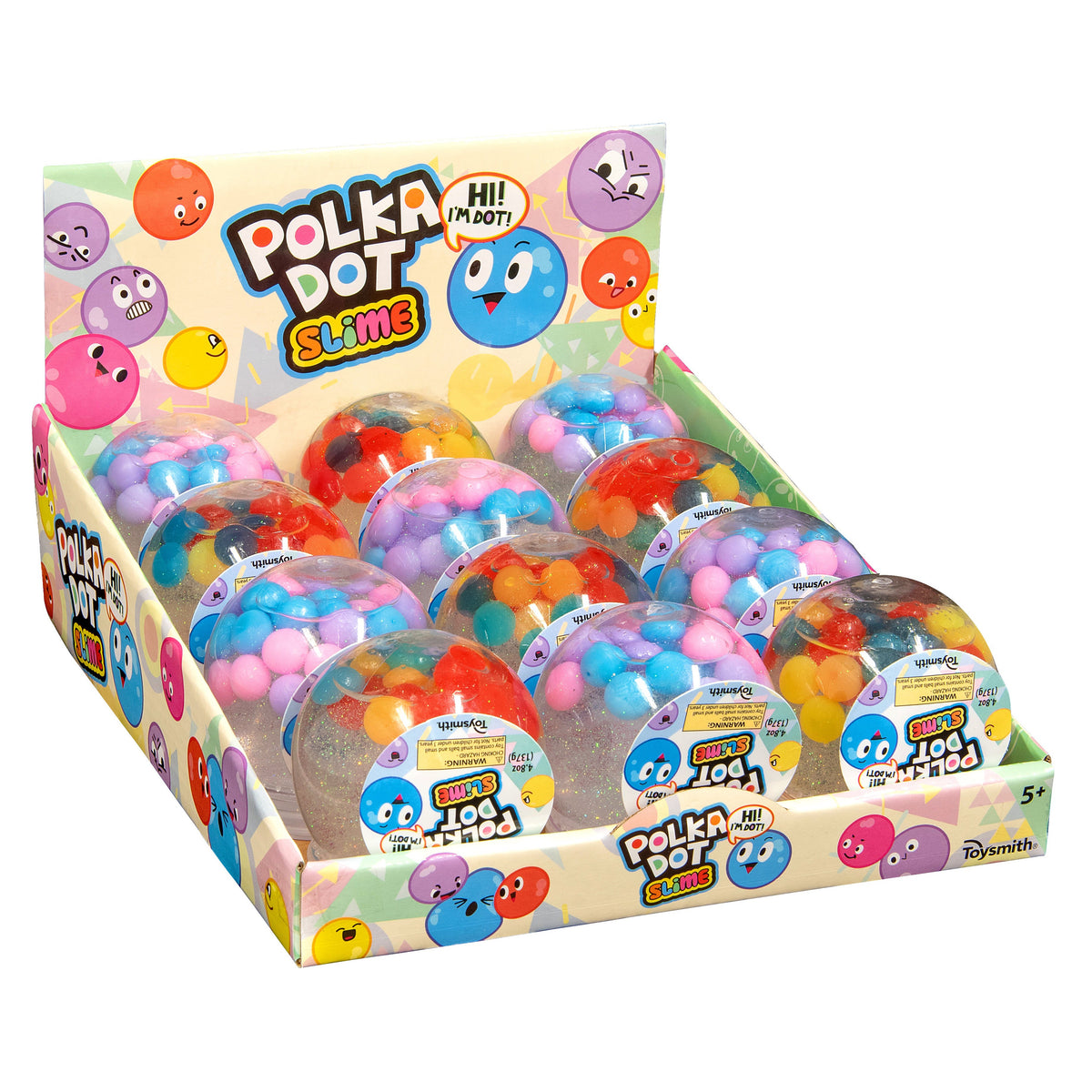 An open display box labeled Polka Dot Slime by Toysmith holds twelve round containers of vibrant, colorful slime with foam beads for sensory play. The packaging has playful cartoon faces and bright, eye-catching designs.