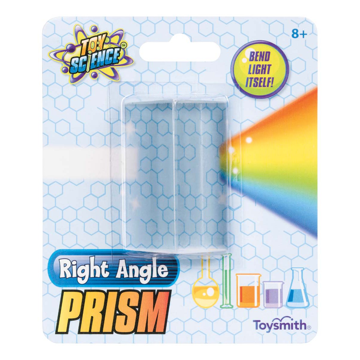 The Toy Science Right Angle Prism by Toy Science, for ages 8+, lets kids bend light into a rainbow. Features science graphics and “Bend Light Itself!” on the box—ideal for STEM learning and discovering optics.