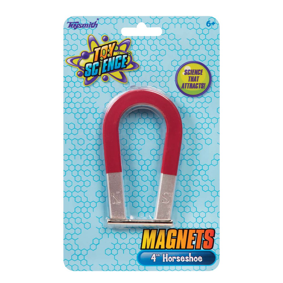 The Toy Science Metal Horseshoe Magnet is a 4-inch red and silver magnet labeled with "Toy Science" on a blue, hexagon-patterned package. Perfect for STEM learning, it’s suitable for ages 6+ with the tagline “Science That Attracts!”.