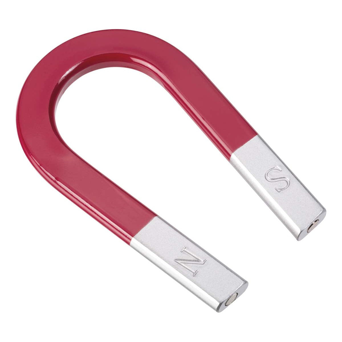 The Toy Science Metal Horseshoe Magnet features red coloring with silver tips and labeled N and S ends—ideal for STEM learning and exploring magnetism.