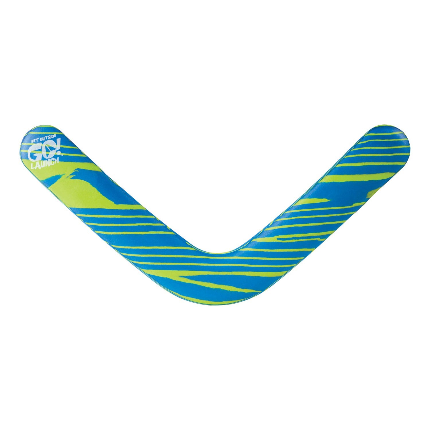 The GO! Launch Boomarang by GO! Launch features blue and green colors with yellow stripes and "GET OUT & GO! LAUNCH" on one arm—ideal for backyard play and outdoor fun.