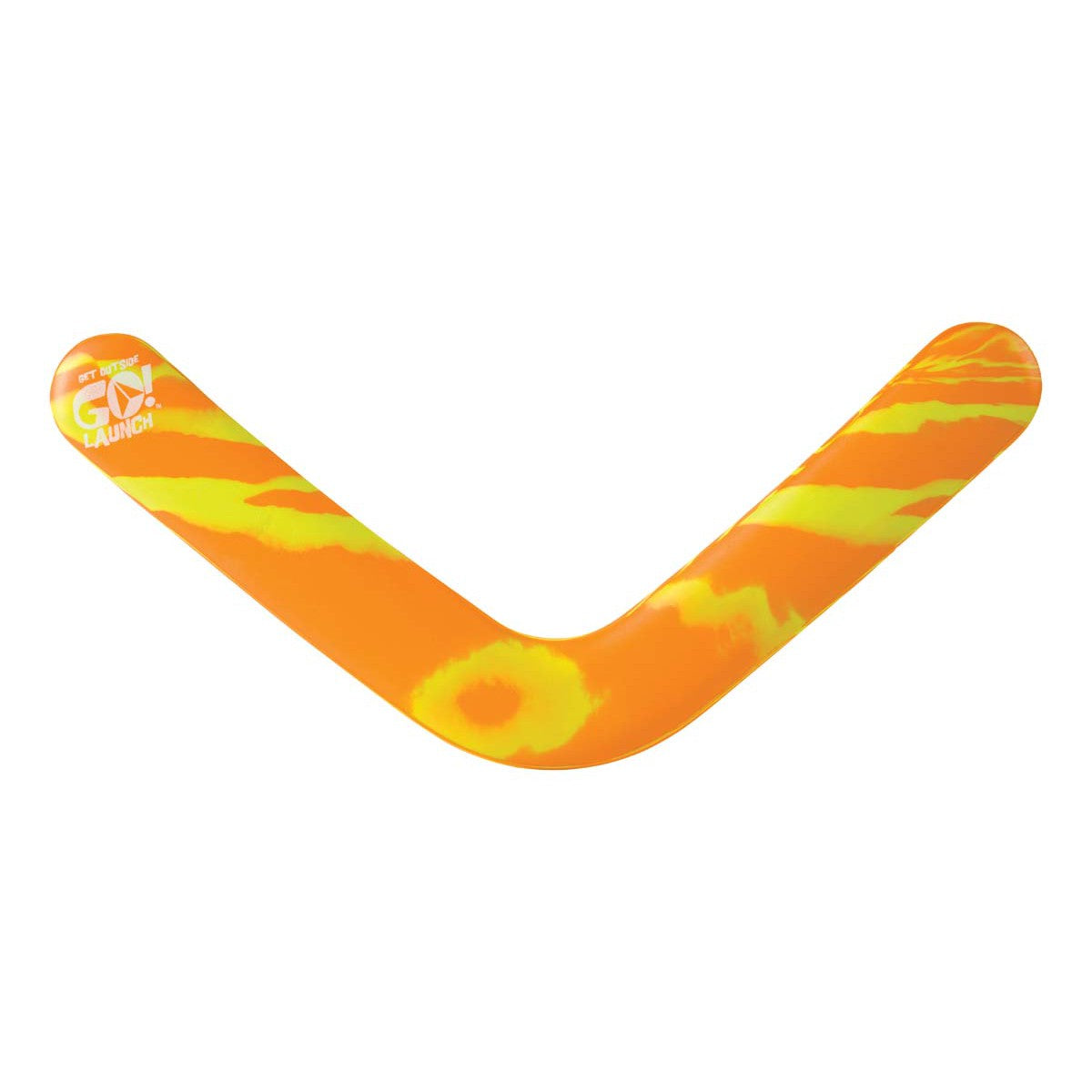 The GO! Launch Boomarang by GO! Launch is an orange boomerang with yellow patterns and "GO! LAUNCH" printed in white, ideal for outdoor backyard play and shown against a white background.