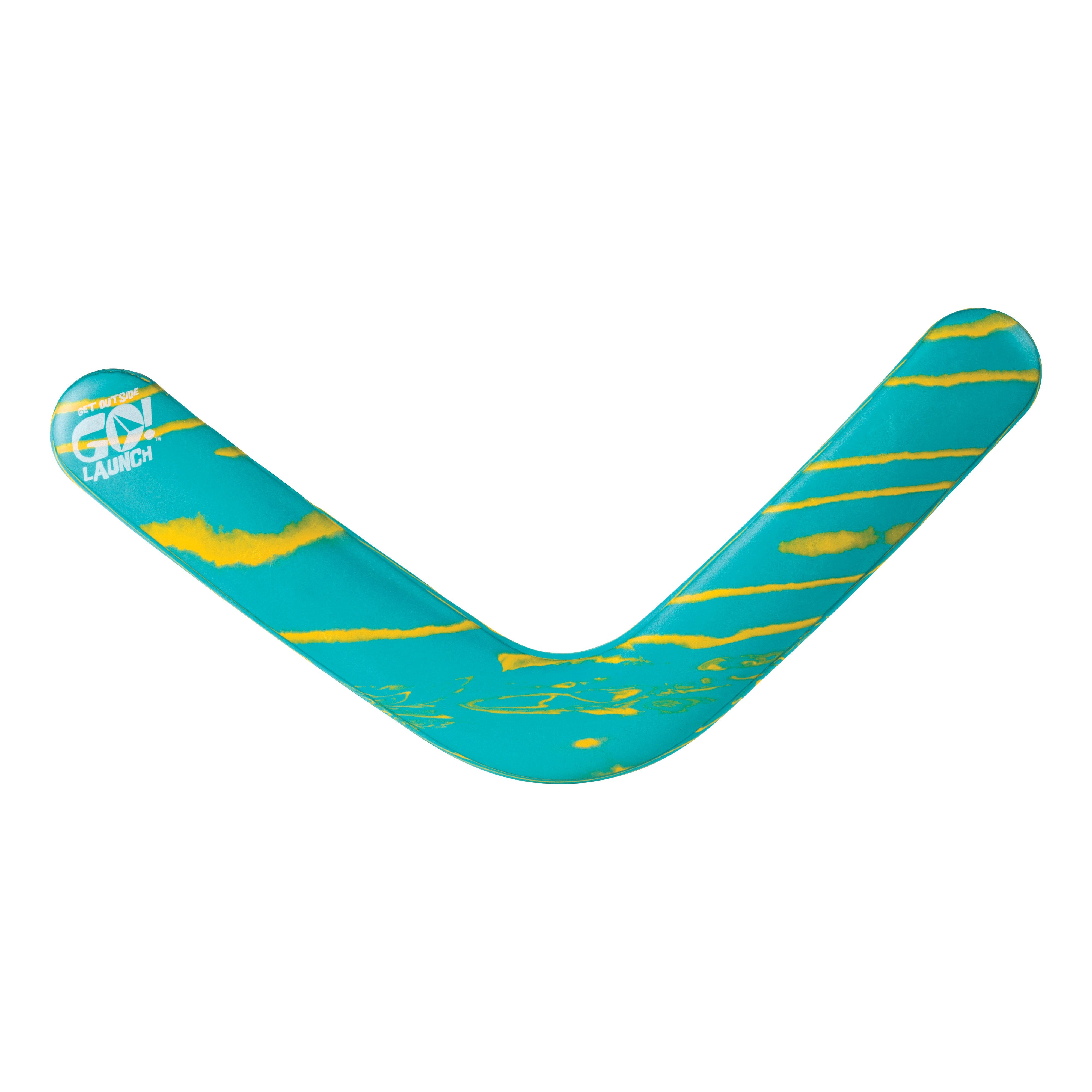 The GO! Launch Boomarang from GO! Launch features a turquoise and yellow design with abstract yellow streaks and "GO! Launch" printed on the left arm—ideal for backyard fun or as a playful outdoor toy.