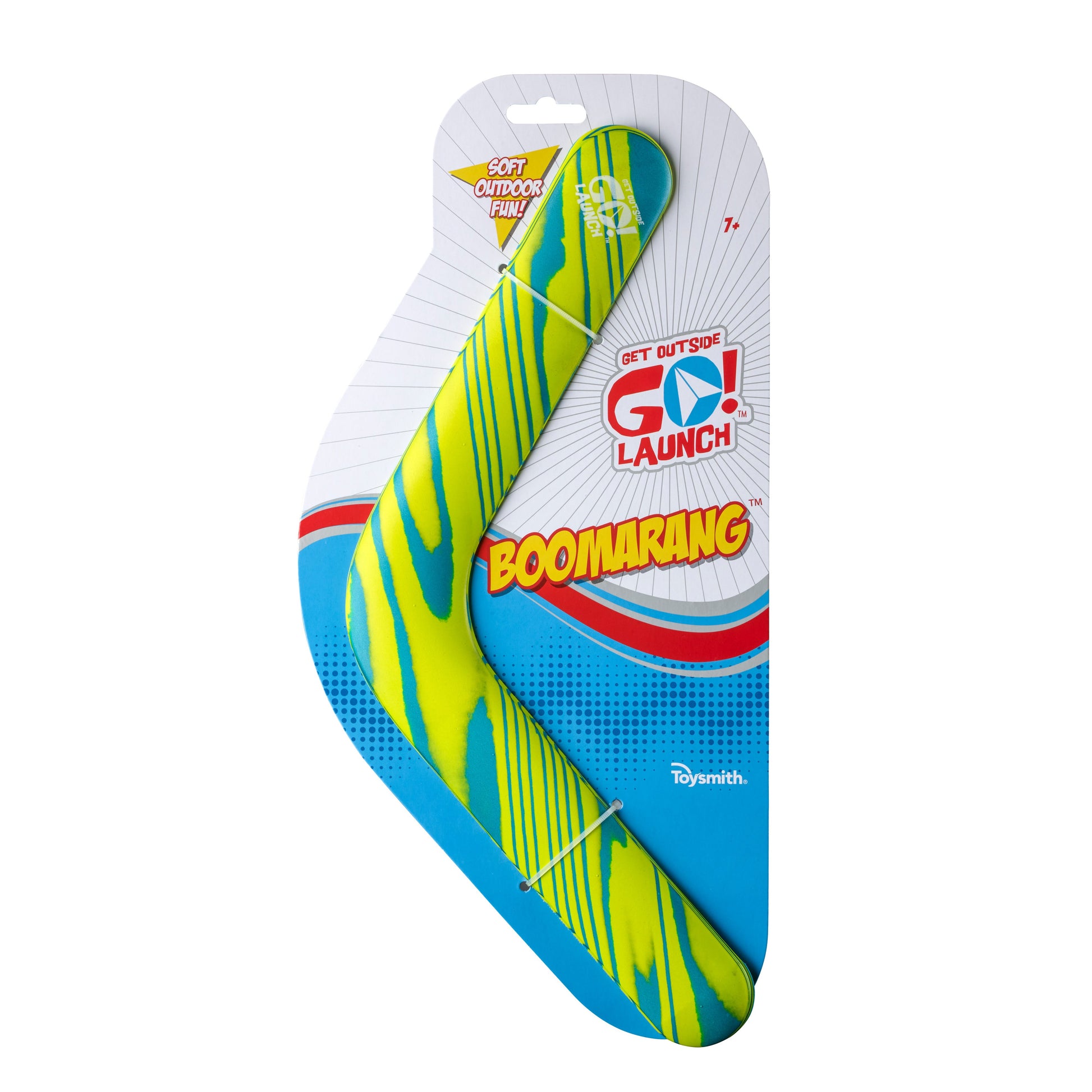 The GO! Launch Boomarang by GO! Launch features blue and yellow patterns and "Soft Outdoor Fun." Recommended for ages 7+, this toy is perfect for backyard play.