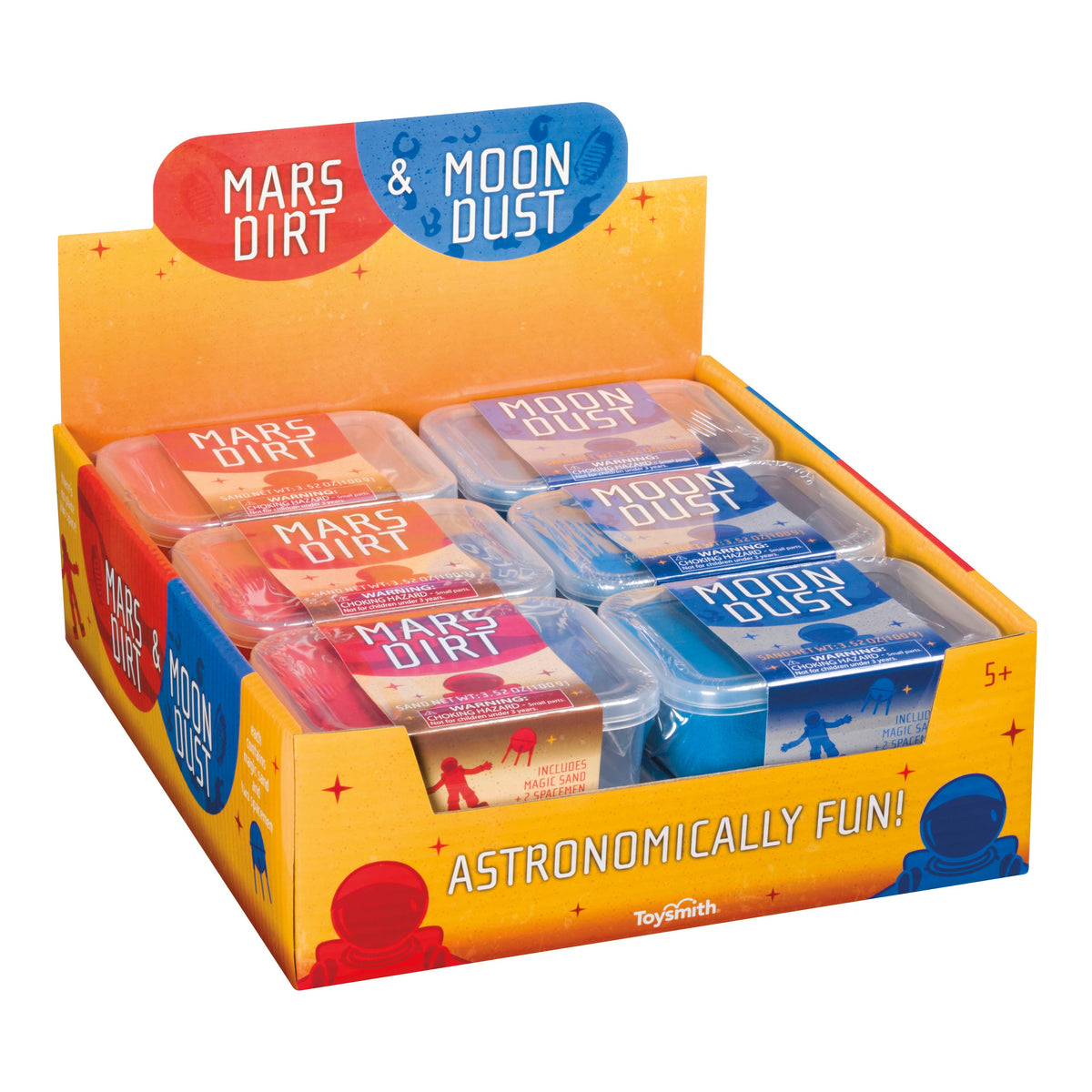 The Toysmith Mars Dirt & Moon Dust display box holds small red and blue sensory dough containers for ages 5+, featuring space-themed graphics and "Astronomically Fun!" text. Brand: Toysmith.