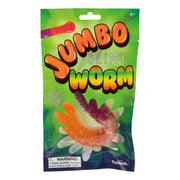 The Toysmith Jumbo Slimy Worm by Toysmith features a green pack with large, colorful, gummy-like worms. Highlighting "Gooey Fun!" and sensory play, the package warns of choking hazards for children under 3 years old.