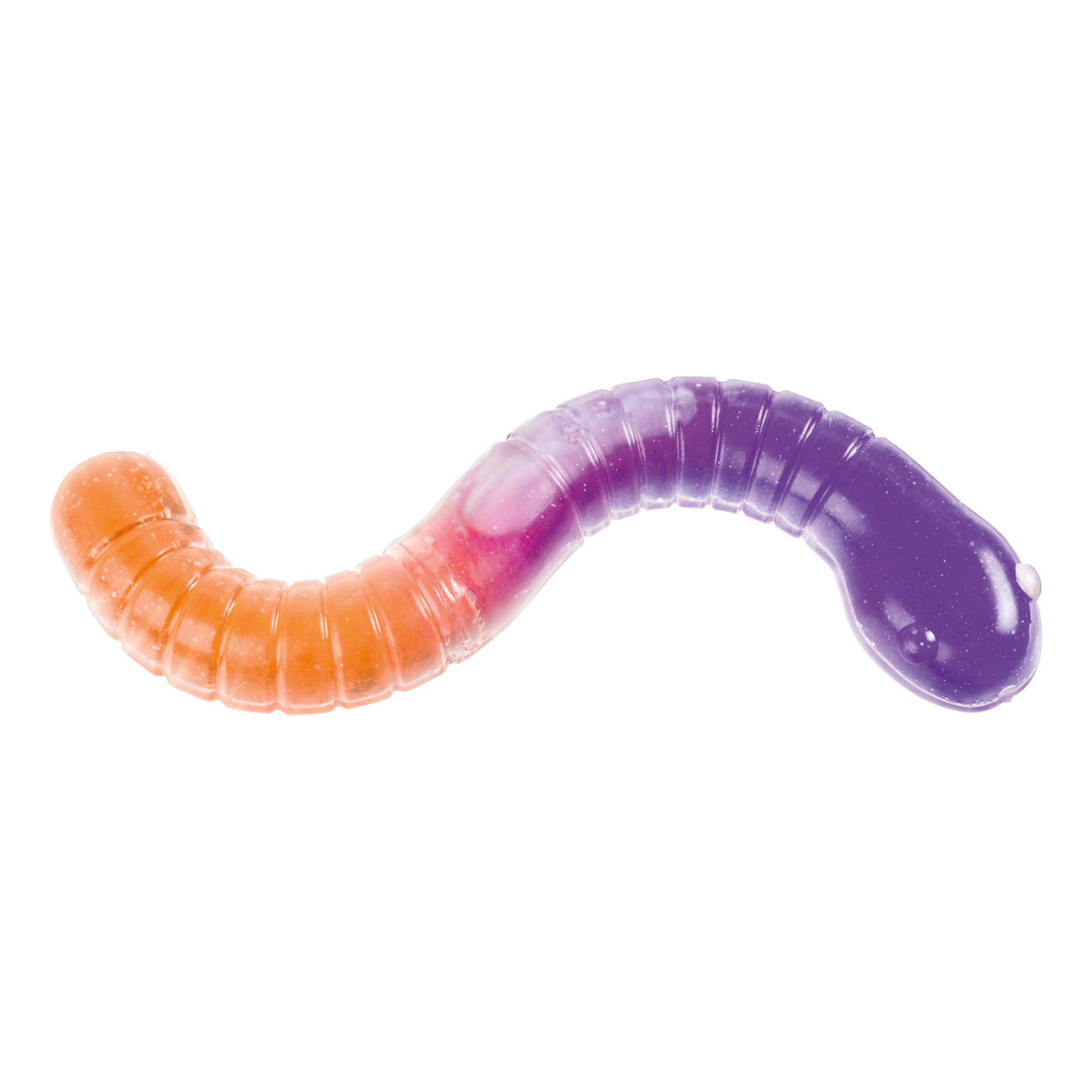 The Toysmith Jumbo Slimy Worm by Toysmith is a gummy candy shaped like a worm, with orange on one end and purple on the other, blending in the middle for a fun sensory treat.