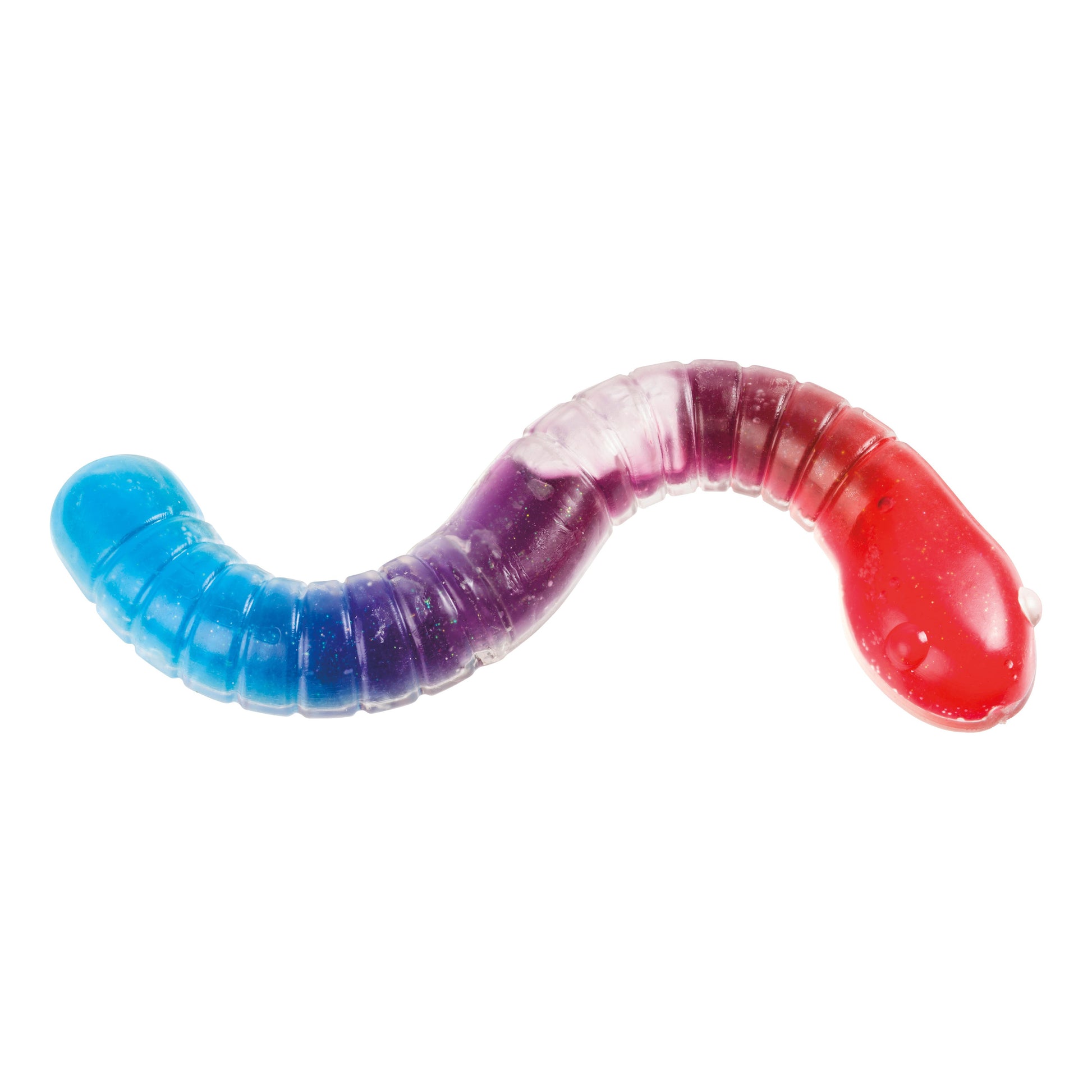 The Toysmith Jumbo Slimy Worm by Toysmith is a gummy candy shaped like a worm, with a blue-to-purple-to-red gradient, offering gooey sensory fun in each bite.