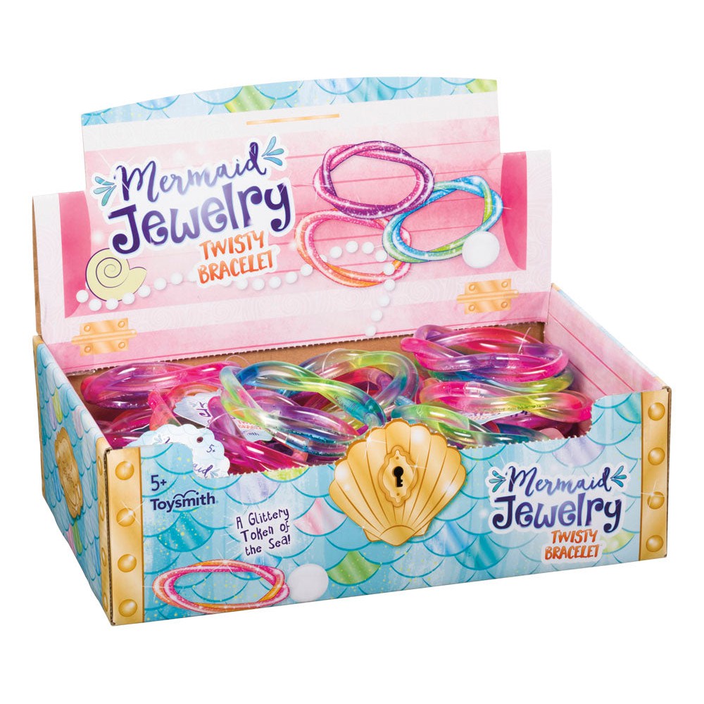 The Toysmith Mermaid Twisty Bracelets display box features mermaid and ocean-themed designs and holds several sparkling, multicolored fidget bracelets. Recommended for ages 5 and up.