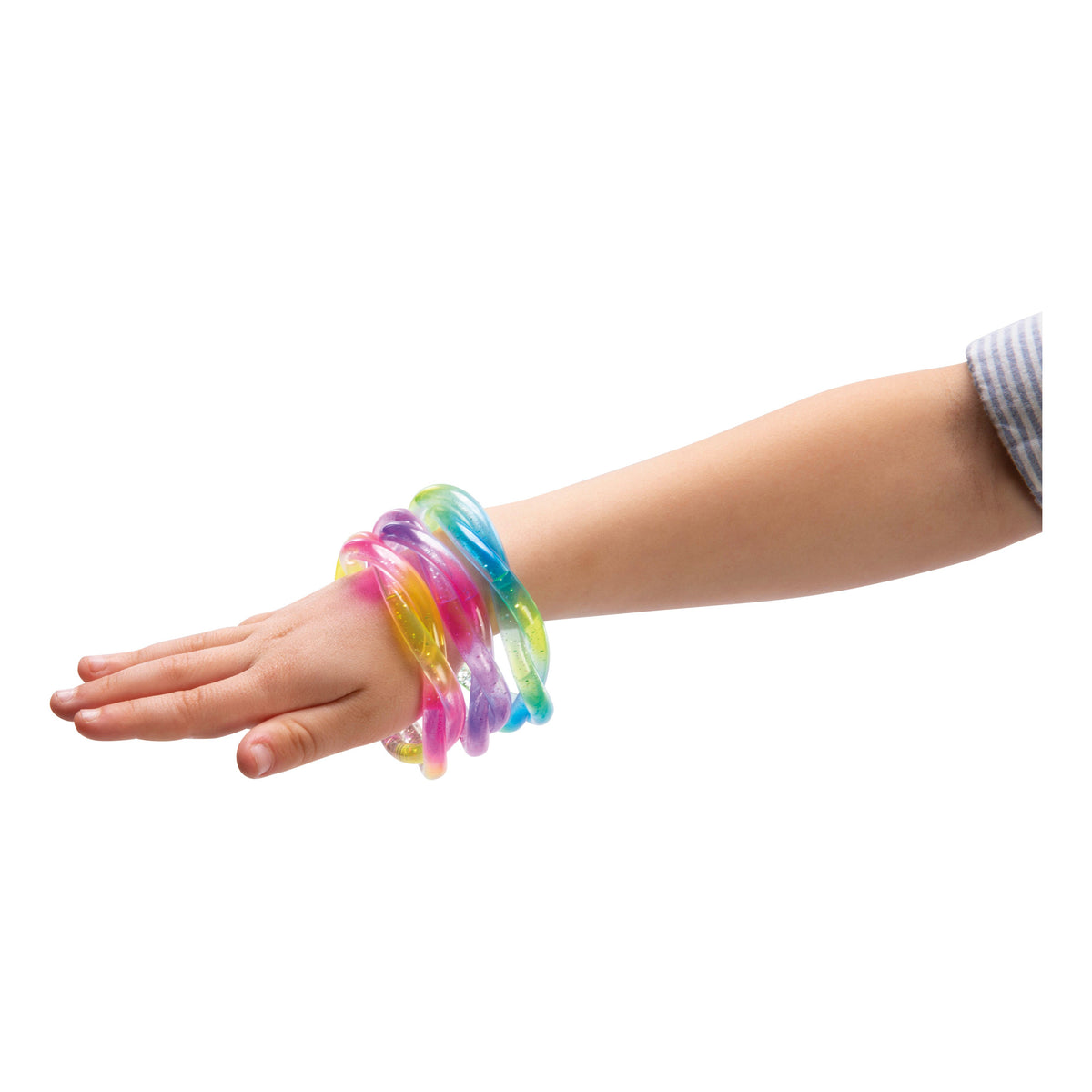 A child’s arm in a striped sleeve shows off several colorful Toysmith Mermaid Twisty Bracelets against a white background. These translucent spiral fidget bracelets by Toysmith add vibrant, playful charm.
