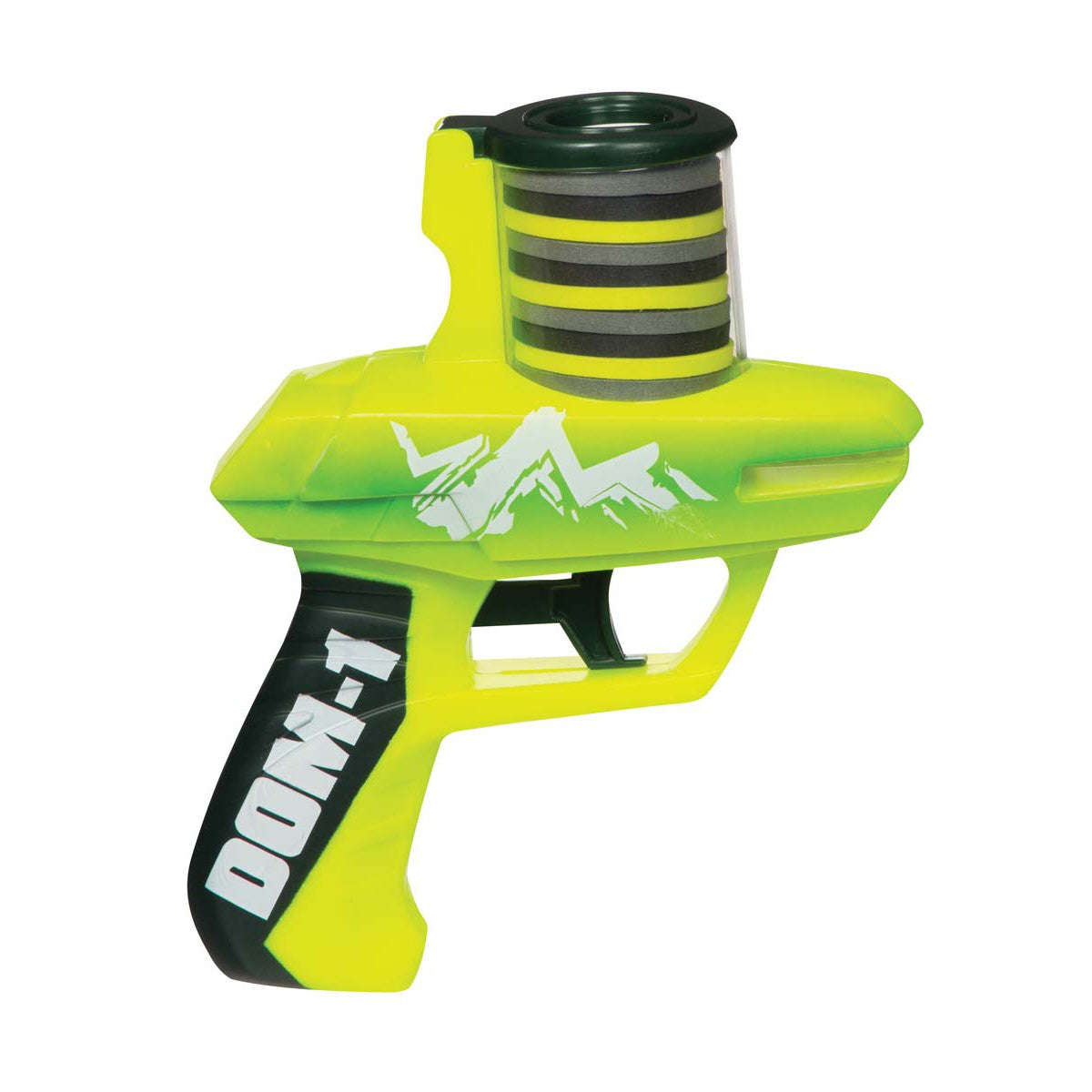 The Lanard Zip Shot by Lanard is a yellow and green outdoor blaster with black accents, a mountain graphic, and "DONN-1" on the handle. Its top has black and yellow stripes, making it a fun shooting toy for kids' action-packed play.