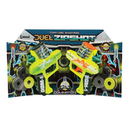 The Lanard Duel Zip Shot Twin Pack by Lanard includes two foam shooters (yellow-green and yellow) with foam discs, packaged with bold graphics highlighting outdoor shooting fun and impressive distance.