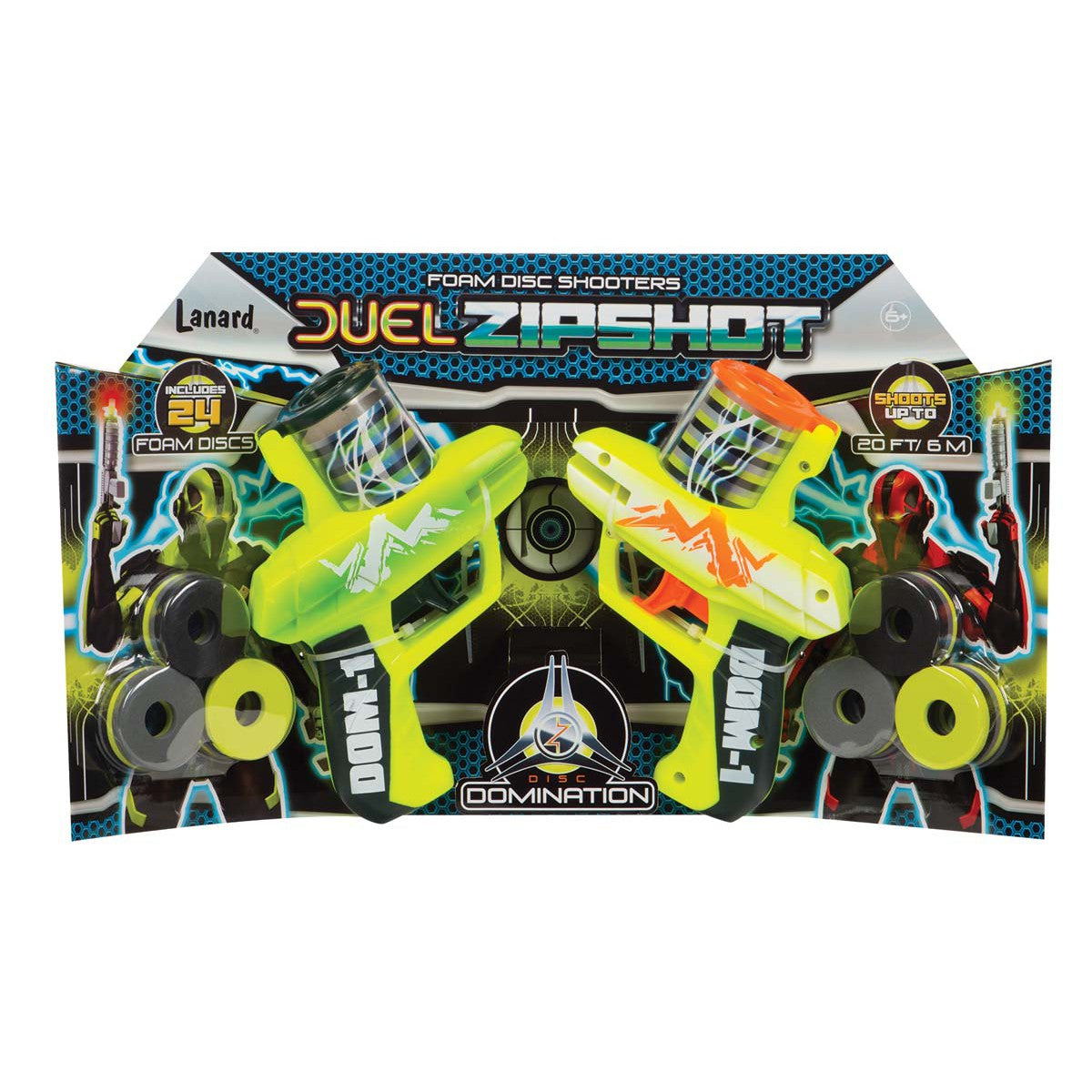 The Lanard Duel Zip Shot Twin Pack by Lanard includes two foam shooters (yellow-green and yellow) with foam discs, packaged with bold graphics highlighting outdoor shooting fun and impressive distance.