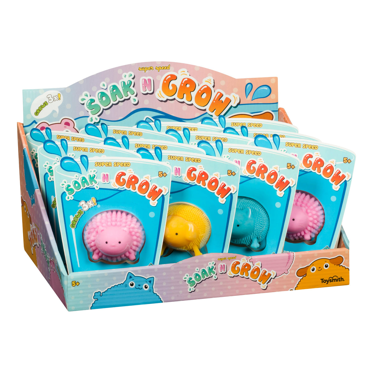 A display box of Toysmith Pet Shop Soak And Grow toys by Toysmith, featuring colorful animal figures in individual blue packs. These water-activated toys come in pink, yellow, and blue for children ages 5 and up.