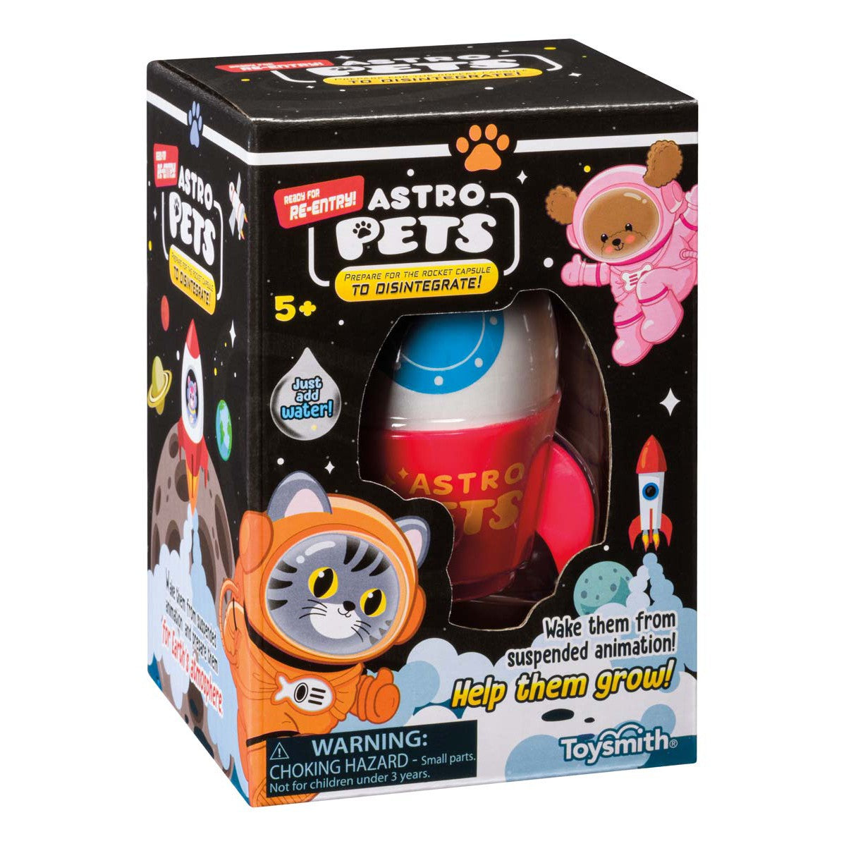 Toysmith Astro Grow Pets is a boxed toy with colorful space-themed packaging featuring rockets and cartoon astronaut animals in spacesuits. For ages 5+, the package warns of small parts.