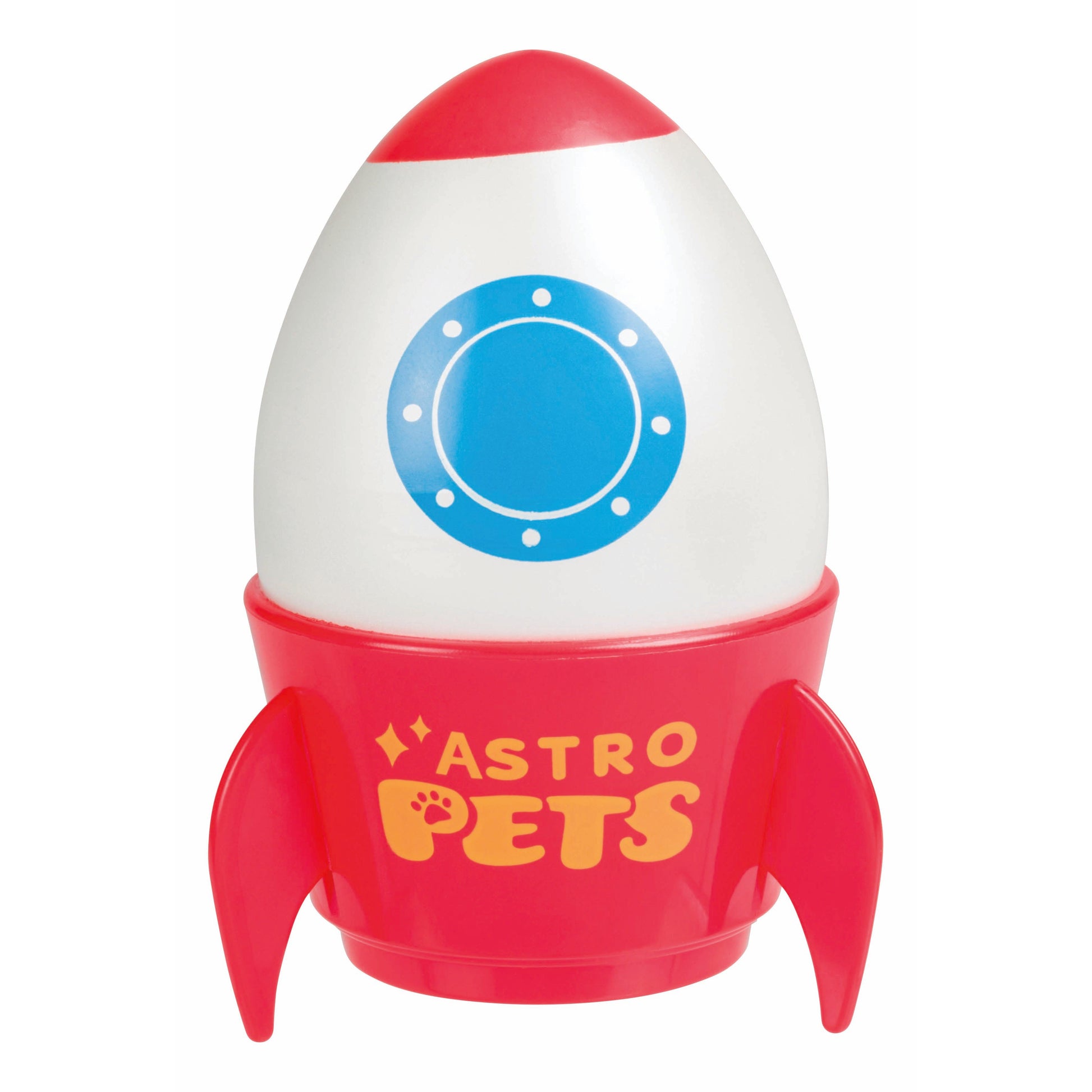 The Toysmith Astro Grow Pets is a red and white rocket-shaped container with a blue window and “ASTRO PETS” in yellow on the front—a fun astronaut animal toy and exciting water-grow kit for kids from Toysmith.