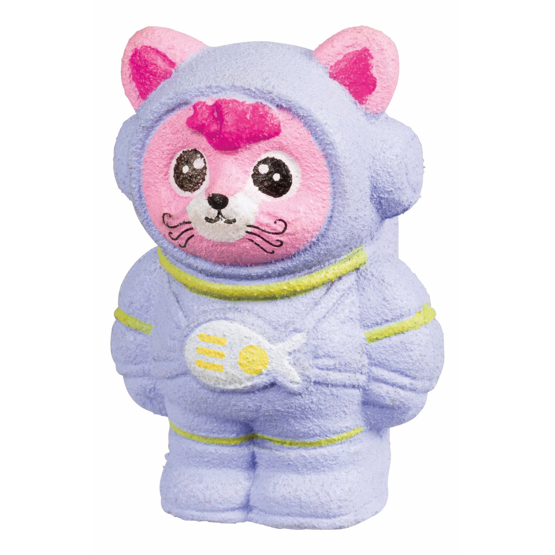 The Toysmith Astro Grow Pets by Toysmith is a plush astronaut cat toy, pink with a light purple spacesuit, yellow accents, and a fish emblem, standing upright and looking forward with large shiny eyes.