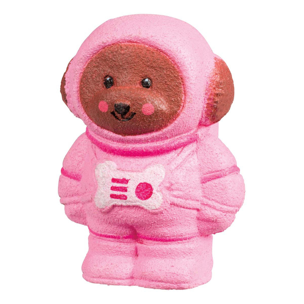 The Toysmith Astro Grow Pets features a cute brown dog figurine in a pink spacesuit with a white bone emblem, round black eyes, a small nose, and pink cheeks. This adorable astronaut animal toy stands upright with its hands by its sides.