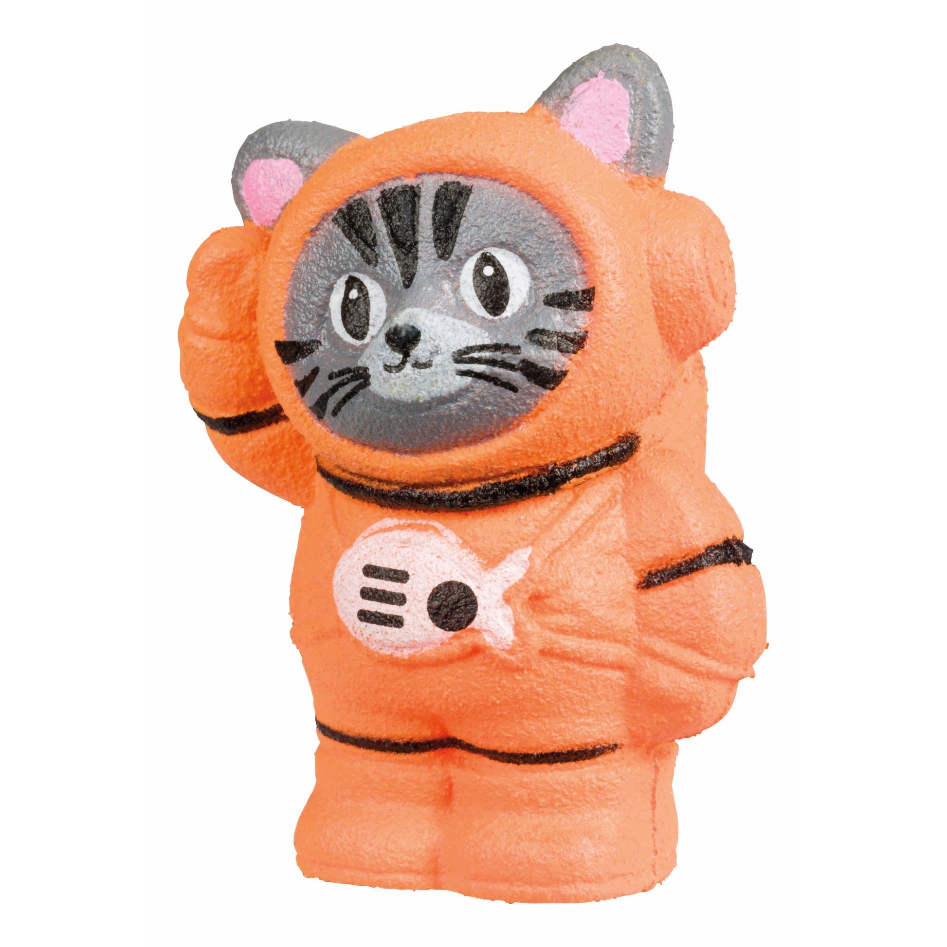 A cute gray cat with black stripes wears an orange spacesuit with a pink fish emblem, standing upright and waving—meet the adorable Toysmith Astro Grow Pets astronaut animal toy from Toysmith, ready for adventure.