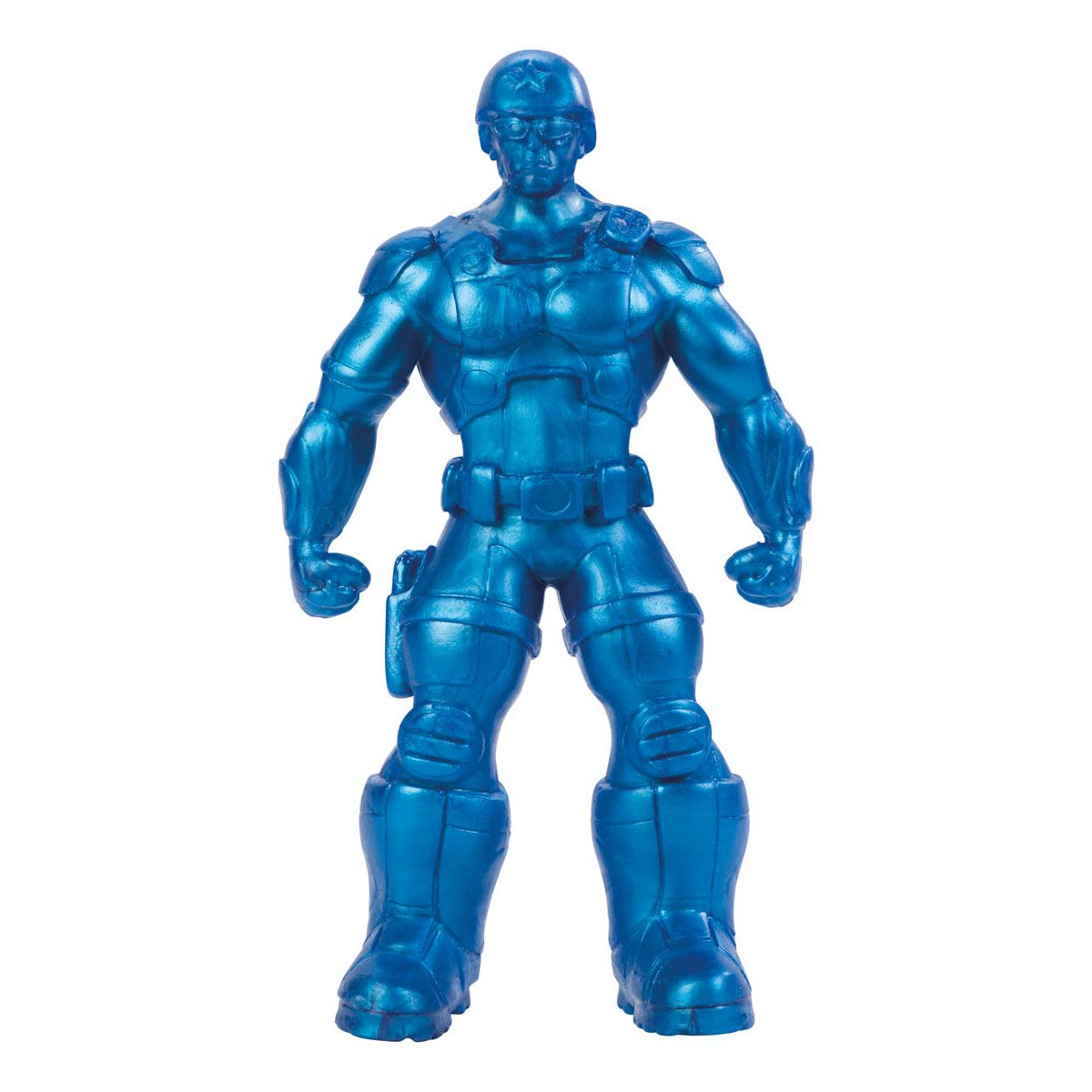 The Toysmith Epic Stretch Hero by Toysmith is a blue, metallic-look action figure featuring a muscular build, helmet, armor, gloves, boots, and utility belt—standing ready with bent arms for action-packed fun.