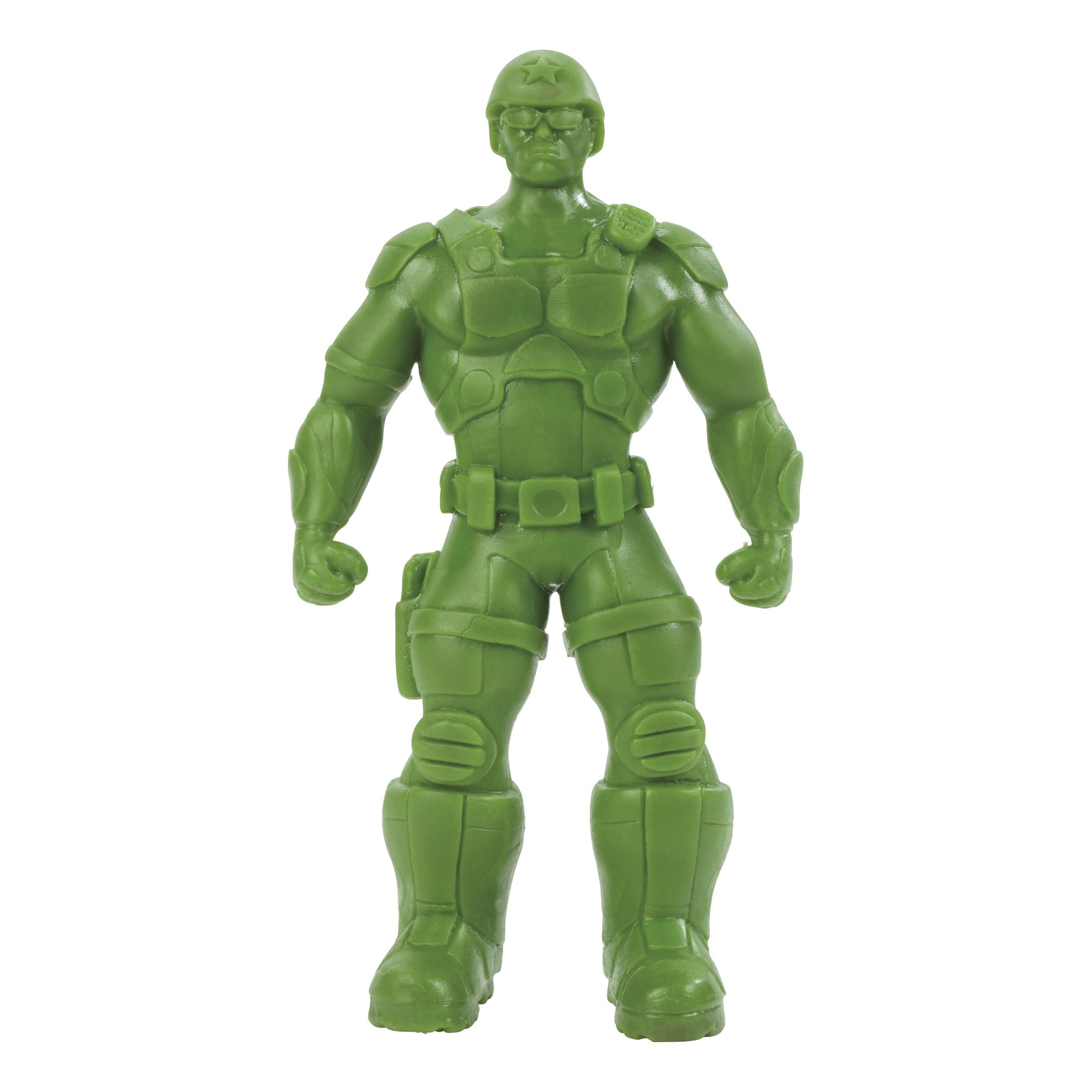 The Toysmith Epic Stretch Hero by Toysmith is a green plastic figure with helmet, body armor, boots, gloves, clenched fists, and a stern look—an action-packed addition to any collection.