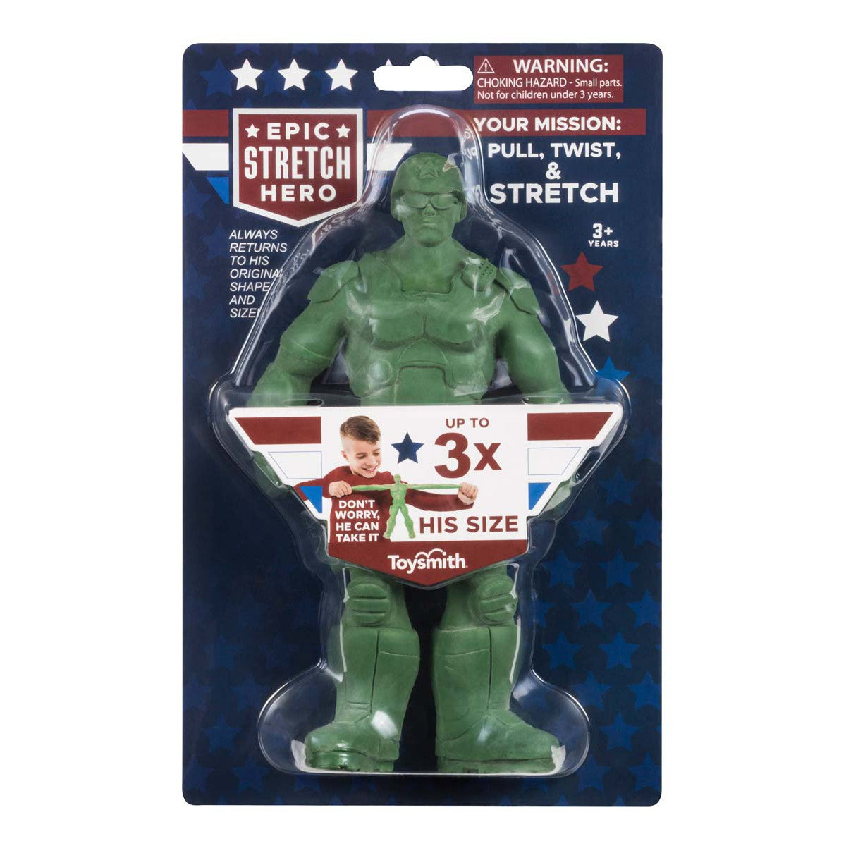 The Toysmith Epic Stretch Hero by Toysmith is a green, stretchy action figure in military gear on a blue, red, and white card. This flexible figure stretches up to 3x its size and is perfect for ages 3+.