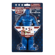The Toysmith Epic Stretch Hero is a blue flexible figure that stretches up to 3 times its size. Packaged by Toysmith and suited for ages 3+, it includes a warning for small parts and choking hazard.